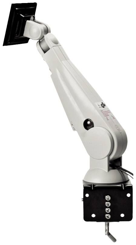 Ergonomischer Monitorarm, höhenverstellbar, grau, für flexibles Anbringen von Bildschirmen an Arbeitsplätzen.