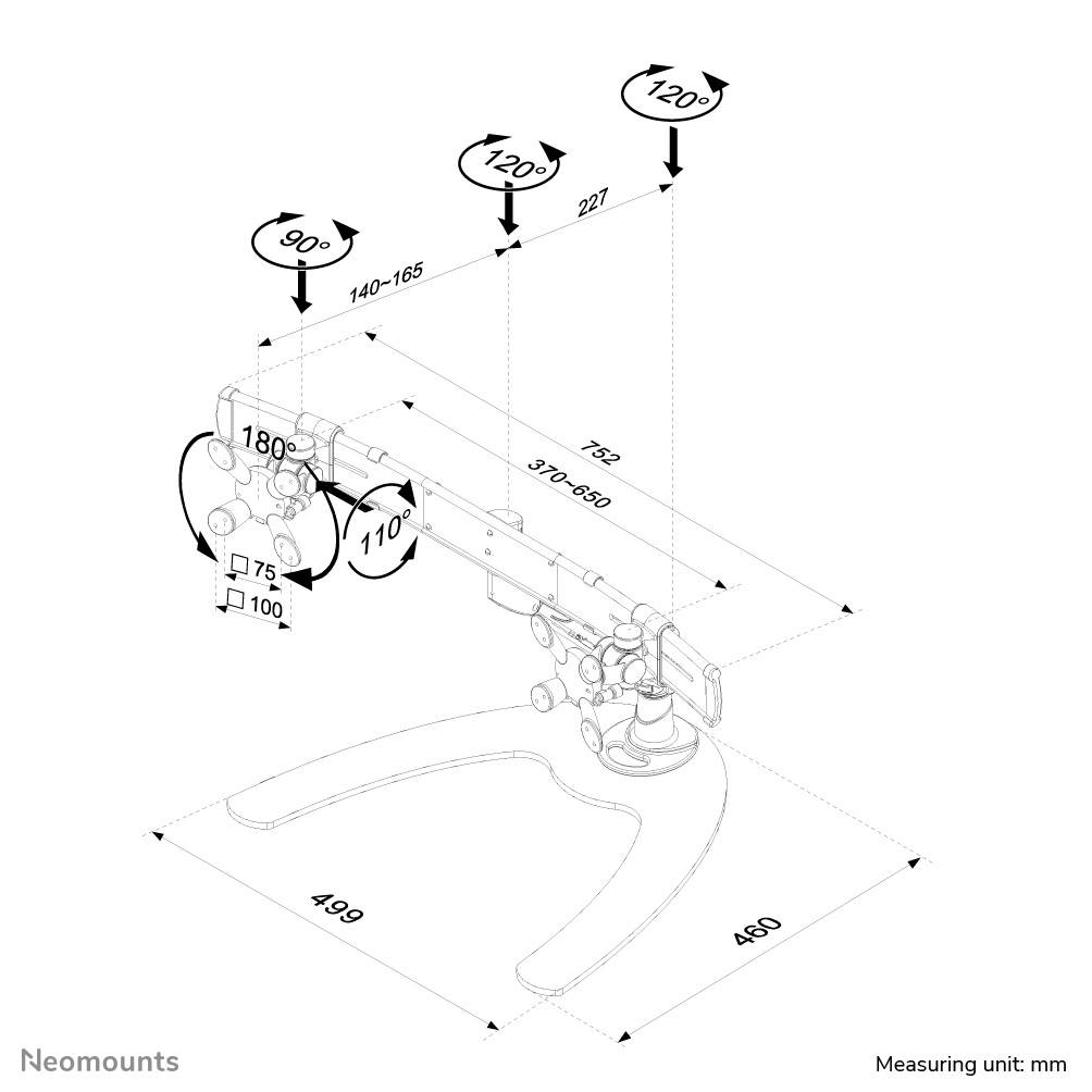 Ein verstellbarer Monitorarm mit Abmessungen: Breite 499 mm, Tiefe 460 mm, höhen- und neigungsverstellbar von 140-165 mm, Neigungswinkel 0-180 Grad. Maßeinheit: mm.