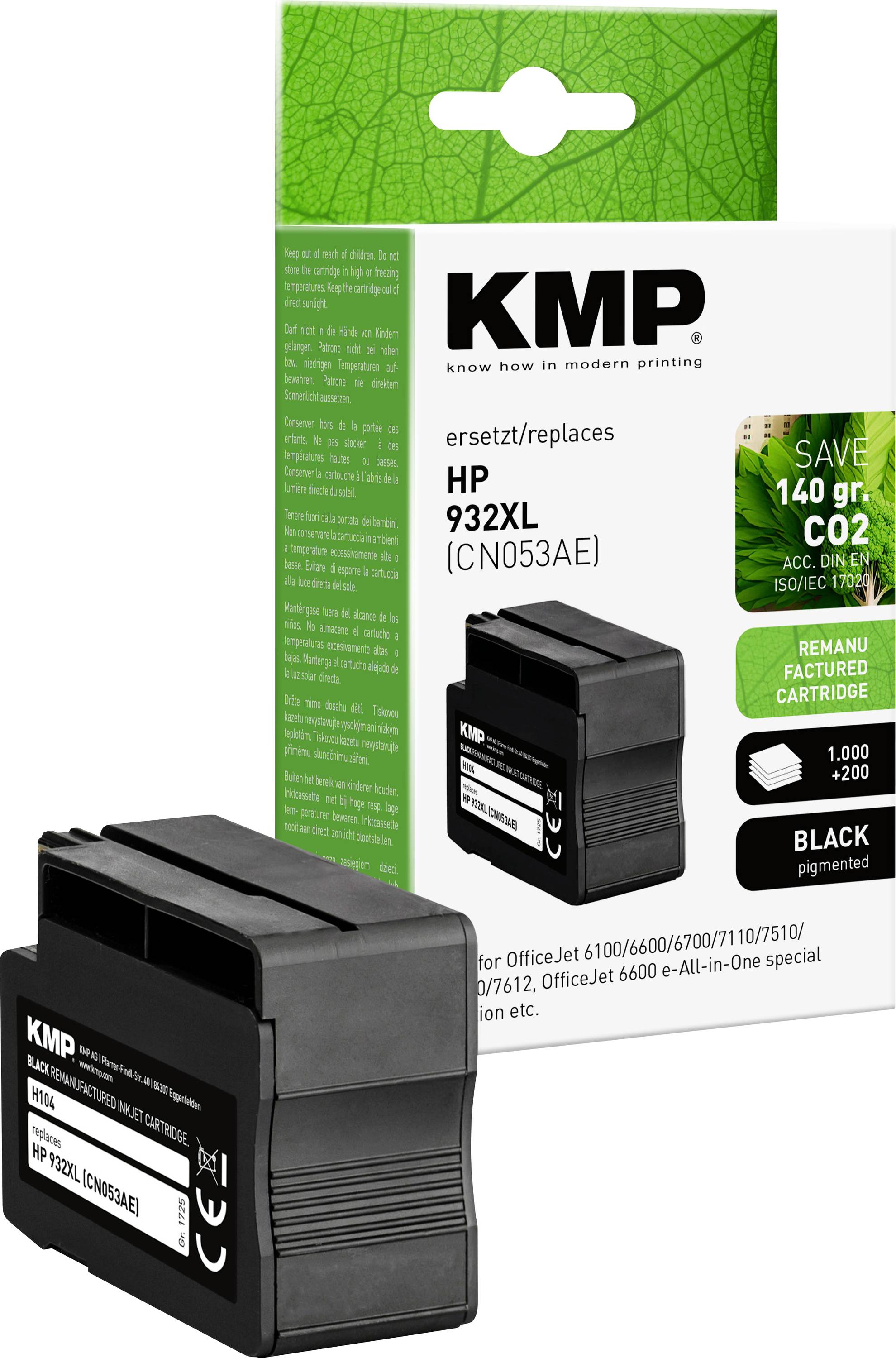 Druckerpatrone KMP ersetzt HP 932XL CN053AE, schwarz, wirbt mit '140 g CO2 sparen'. Verpackung mit Umweltfreundlichkeitsangabe.