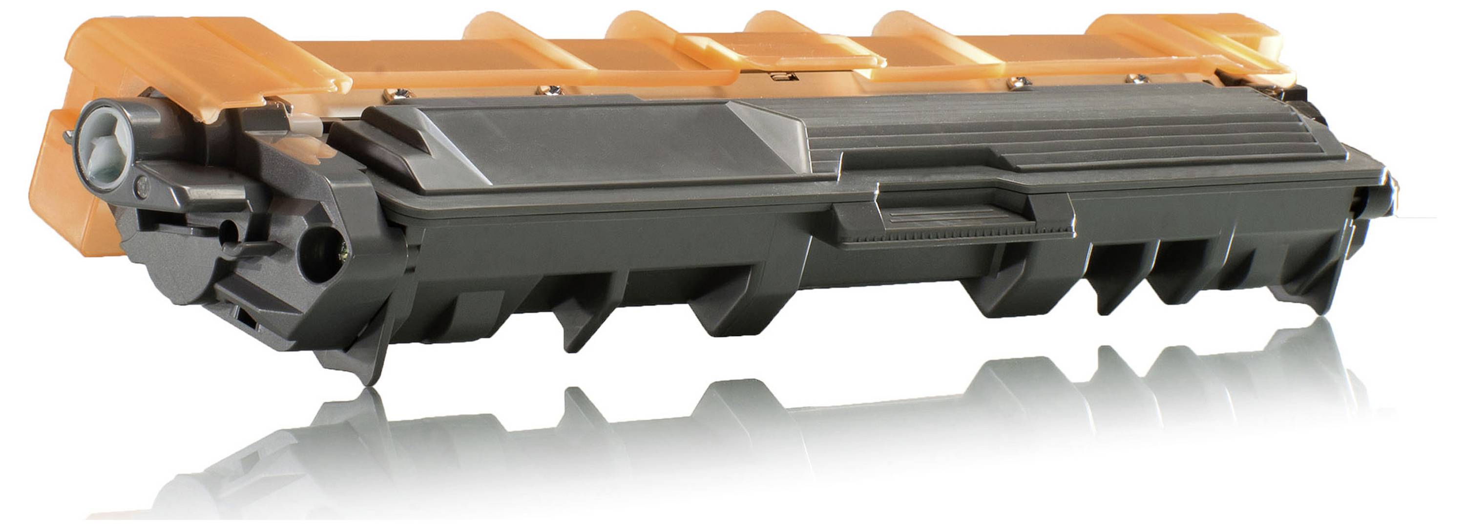 Schwarz-orange Druckertonerkassette isoliert auf weißem Hintergrund, in einem Winkel dargestellt mit einer schwachen Reflexion darunter.