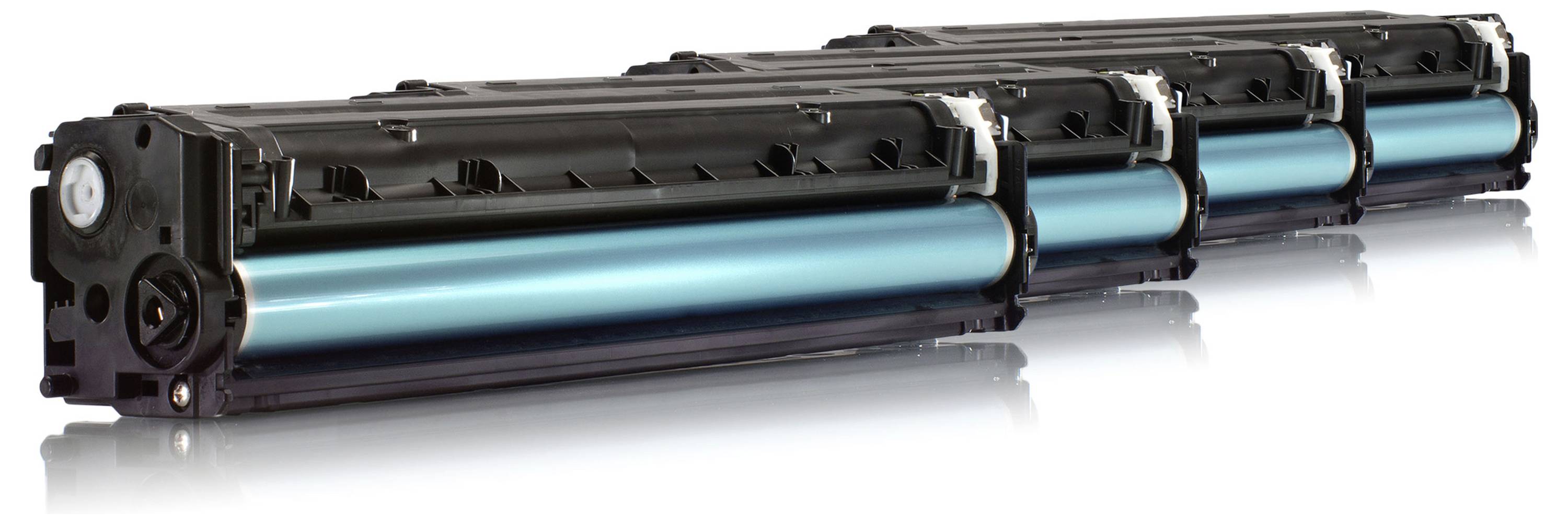 Schwarze Tonerpatrone mit cyan-farbiger Trommel, dargestellt in einer produkttypischen Seitenansicht auf weißem Hintergrund.