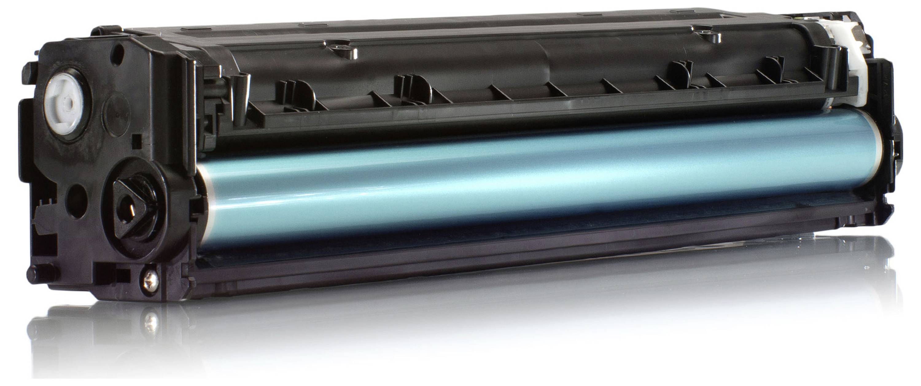 Schwarze Druckertonerkassette mit einer blaugrünen Bildtrommel, isoliert auf weißem Hintergrund dargestellt.