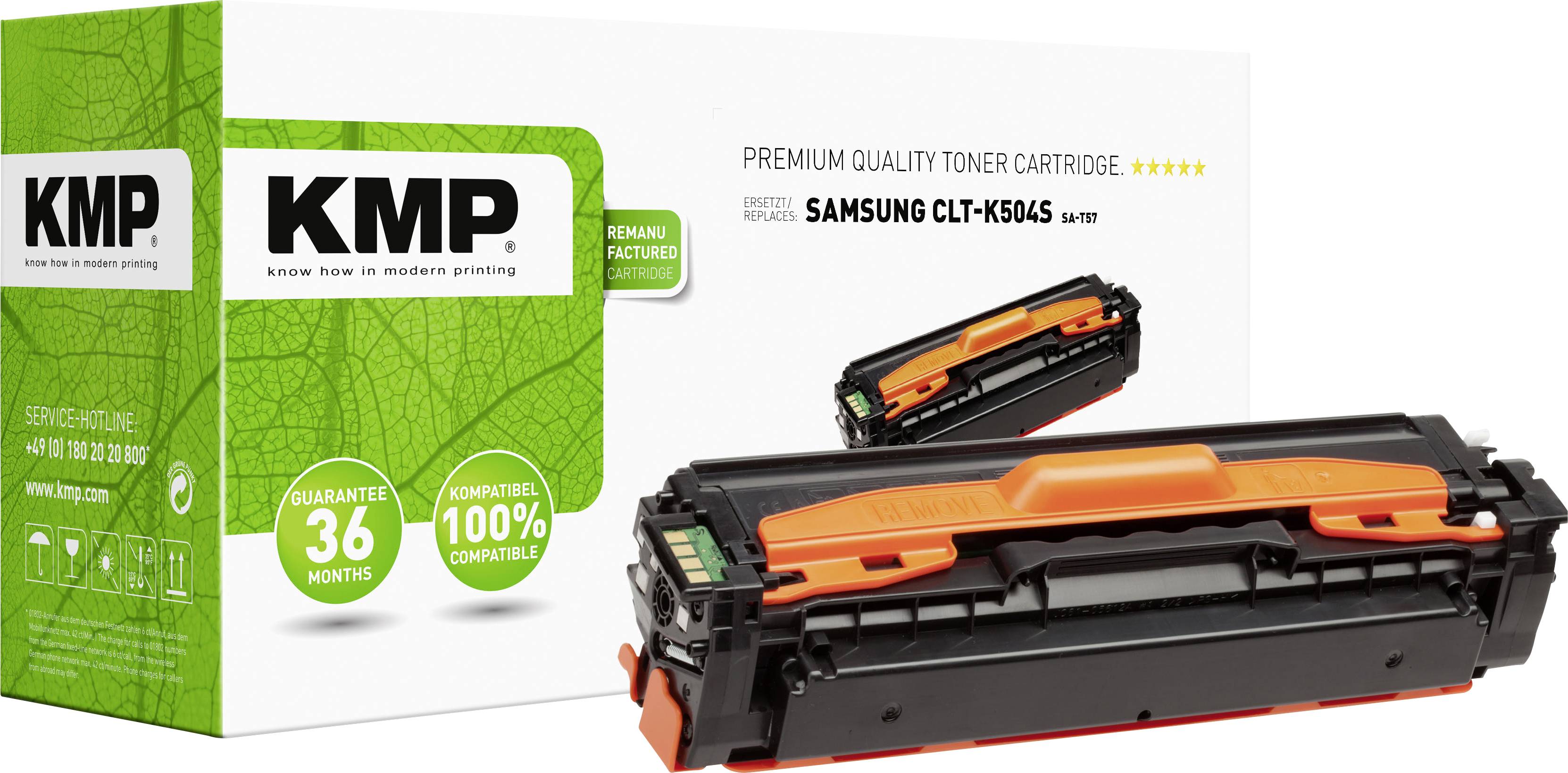 Eine Verpackung und Tonerkartusche von KMP, kompatibel mit Samsung CLT-K504S. Garantie von 36 Monaten und 100% recyclebar.