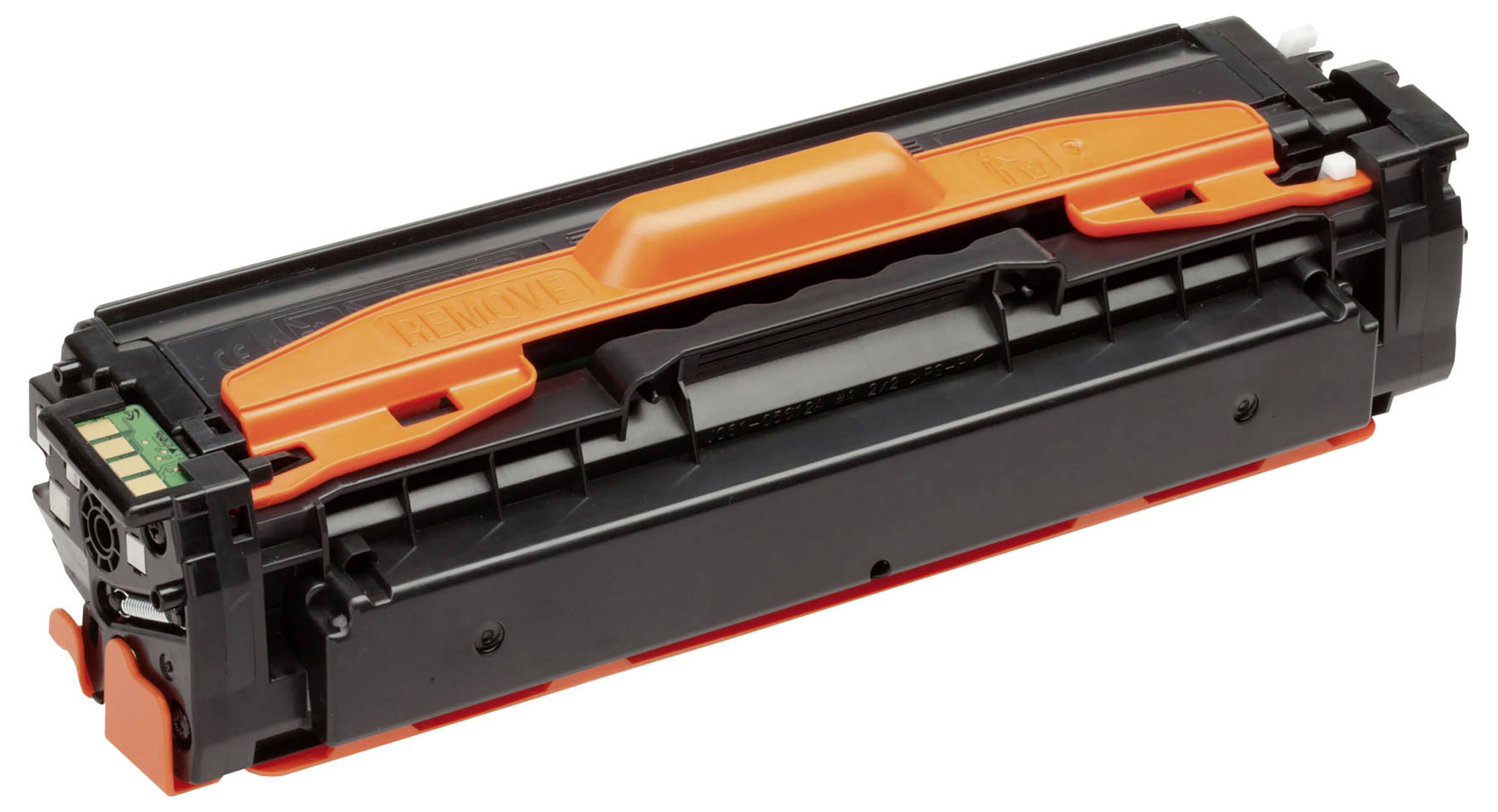 Schwarz-orange Druckertonerkassette auf weißem Hintergrund, in einem Winkel dargestellt.