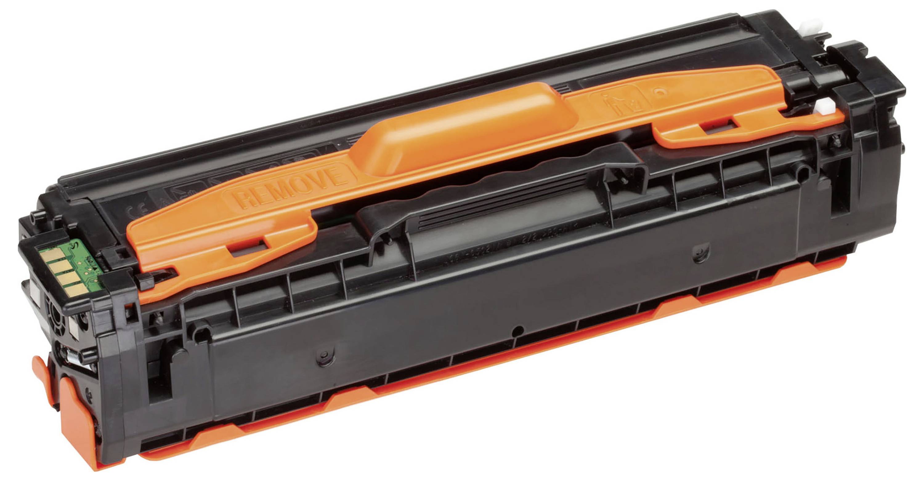 Schwarz-orangene Tonerpatrone für einen Laserdrucker, auf weißem Hintergrund dargestellt