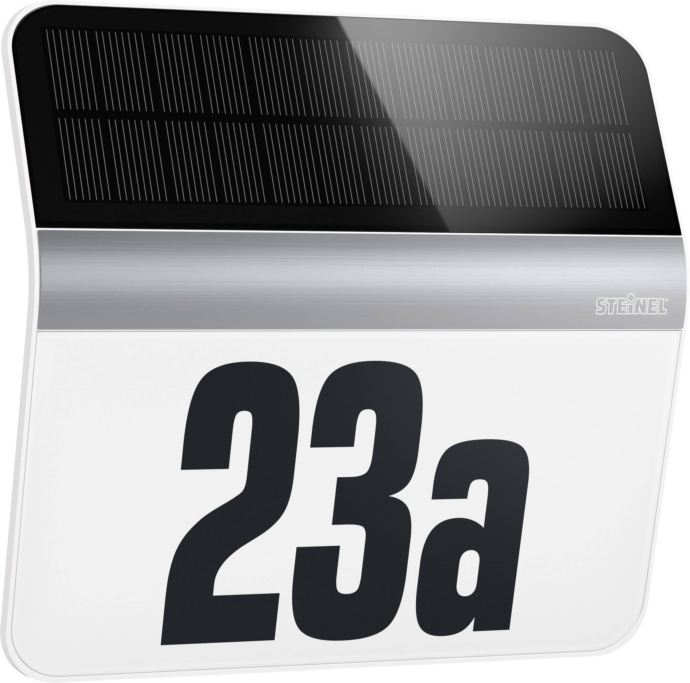 Die Abbildung zeigt eine Hausnummer '23a' auf einem beleuchteten Schild mit integriertem Solarpanel oben, nützlich für Hausidentifikation nachts.