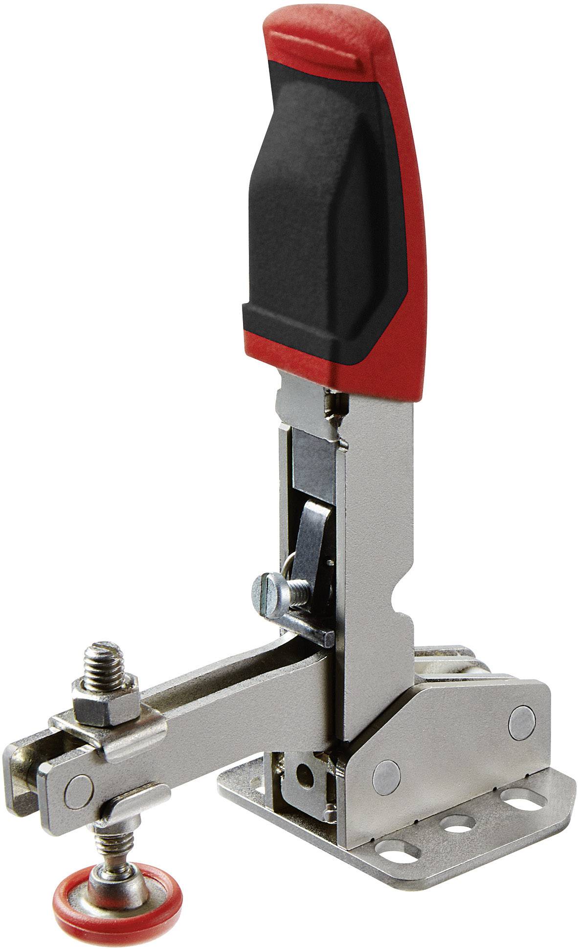 Metallischer Schnellspanner mit rotem Griff. Verwendet zum schnellen Festhalten von Werkstücken, häufig in der Holz- und Metallbearbeitung.