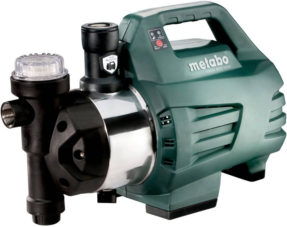 Grüne Metabo Elektrowasserpumpe mit Griff und transparentem Filtergehäuse, gezeigt auf weißem Hintergrund.