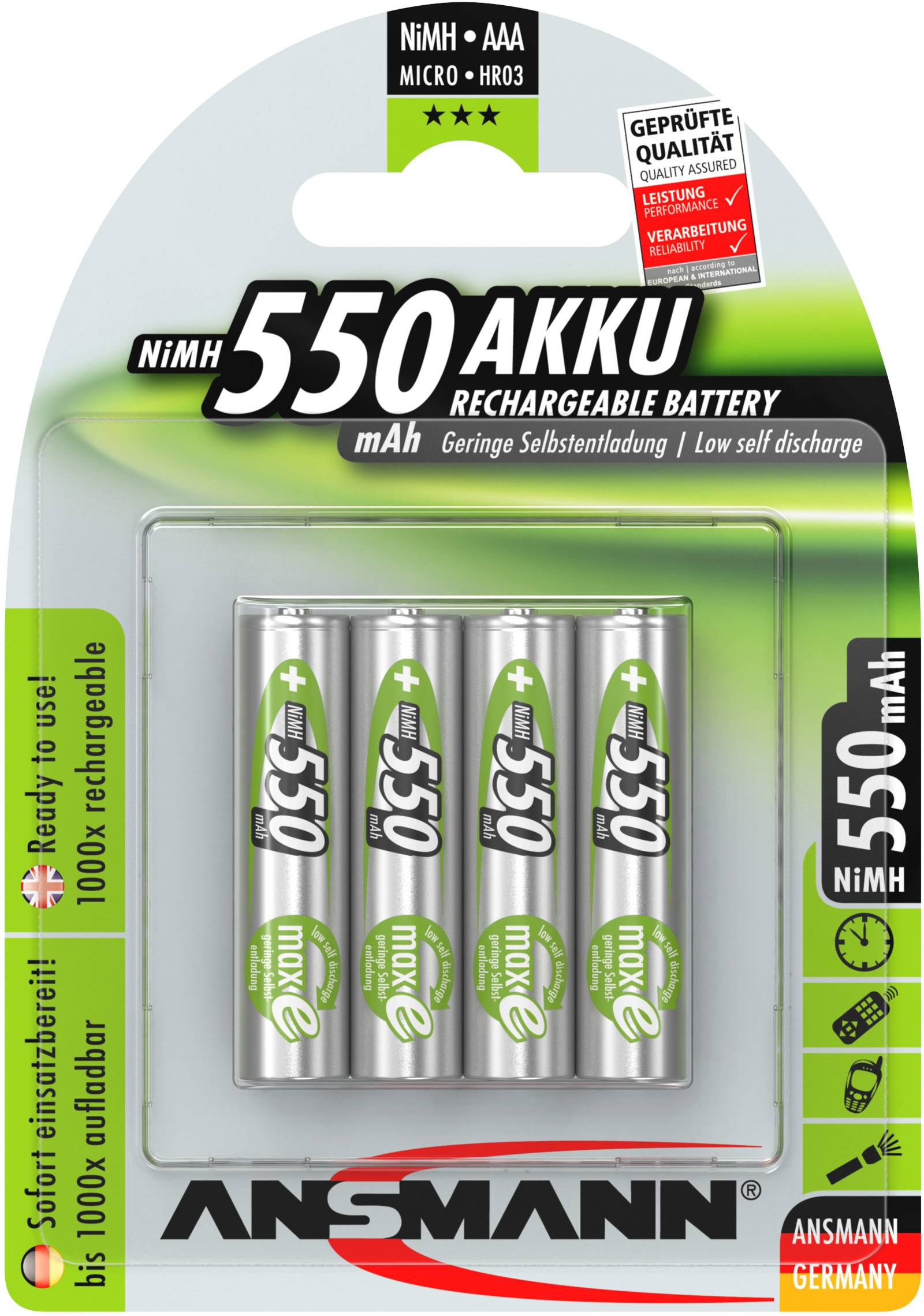 Ansmann maxE HR03 Micro (AAA)-Akku NiMH 550 mAh 1.2V 4St.