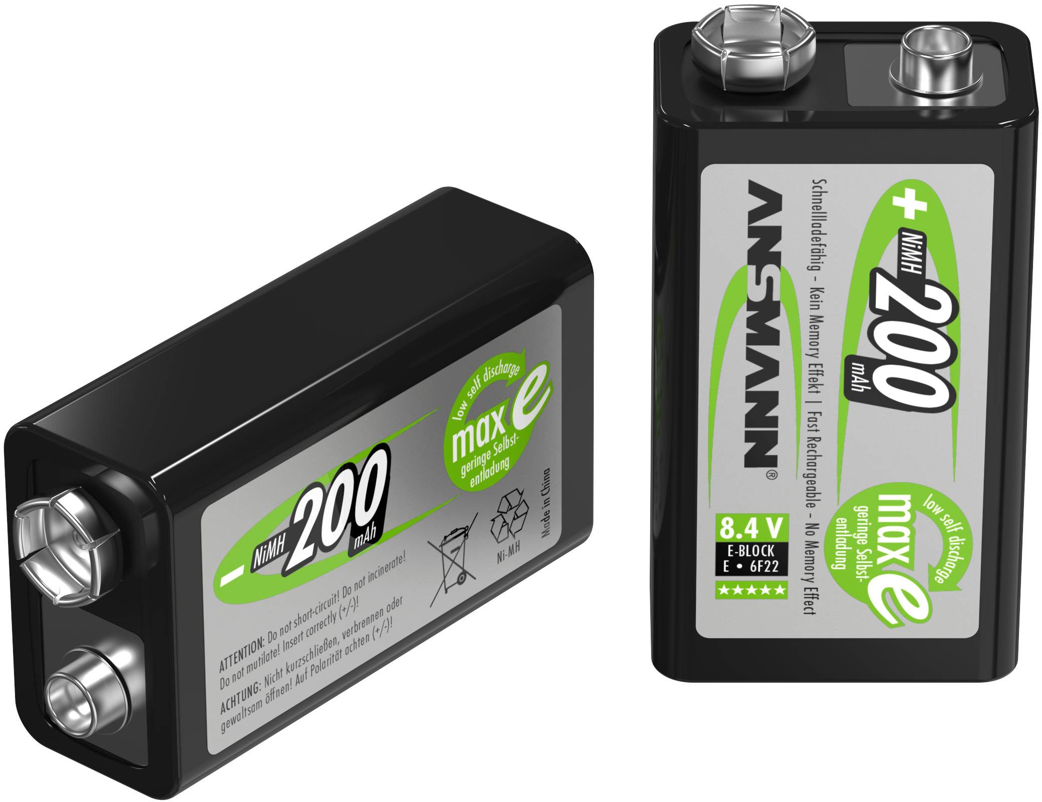 Zwei schwarze Akkus der Marke Ansmann mit 200 mAh, einer liegt, einer steht; beide zeigen den Plus- und Minuspol sowie Warnhinweise.