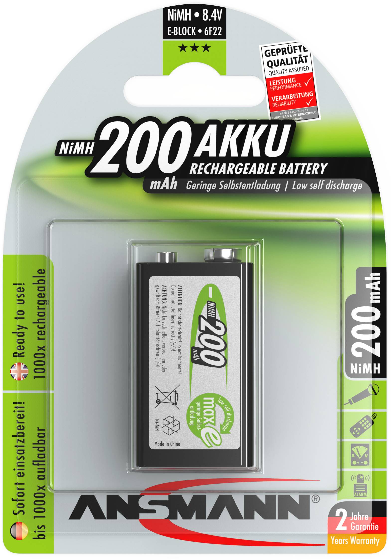 Verpackung einer wiederaufladbaren Ansmann 200 mAh NiMH 9V Batterie, grün-schwarzes Design, betont geringe Selbstentladung und lange Garantie.