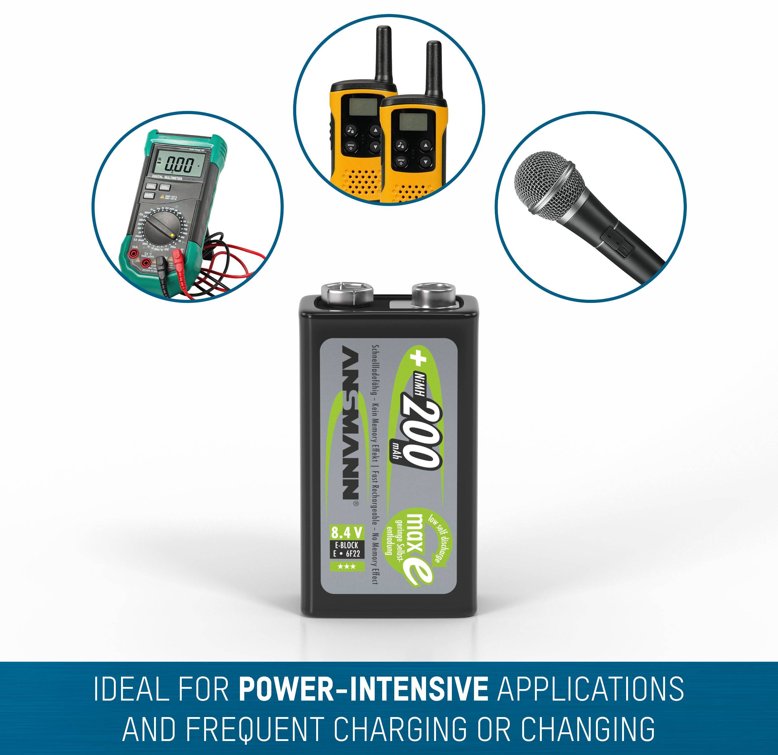 Eine '9V 200 MAX E'-Batterie von Ansmann, umgeben von einem Mikrofon, Funkgeräten und einem Multimeter. Darunter steht: 'Ideal für leistungsintensive Anwendungen und häufiges Laden oder Wechseln'.