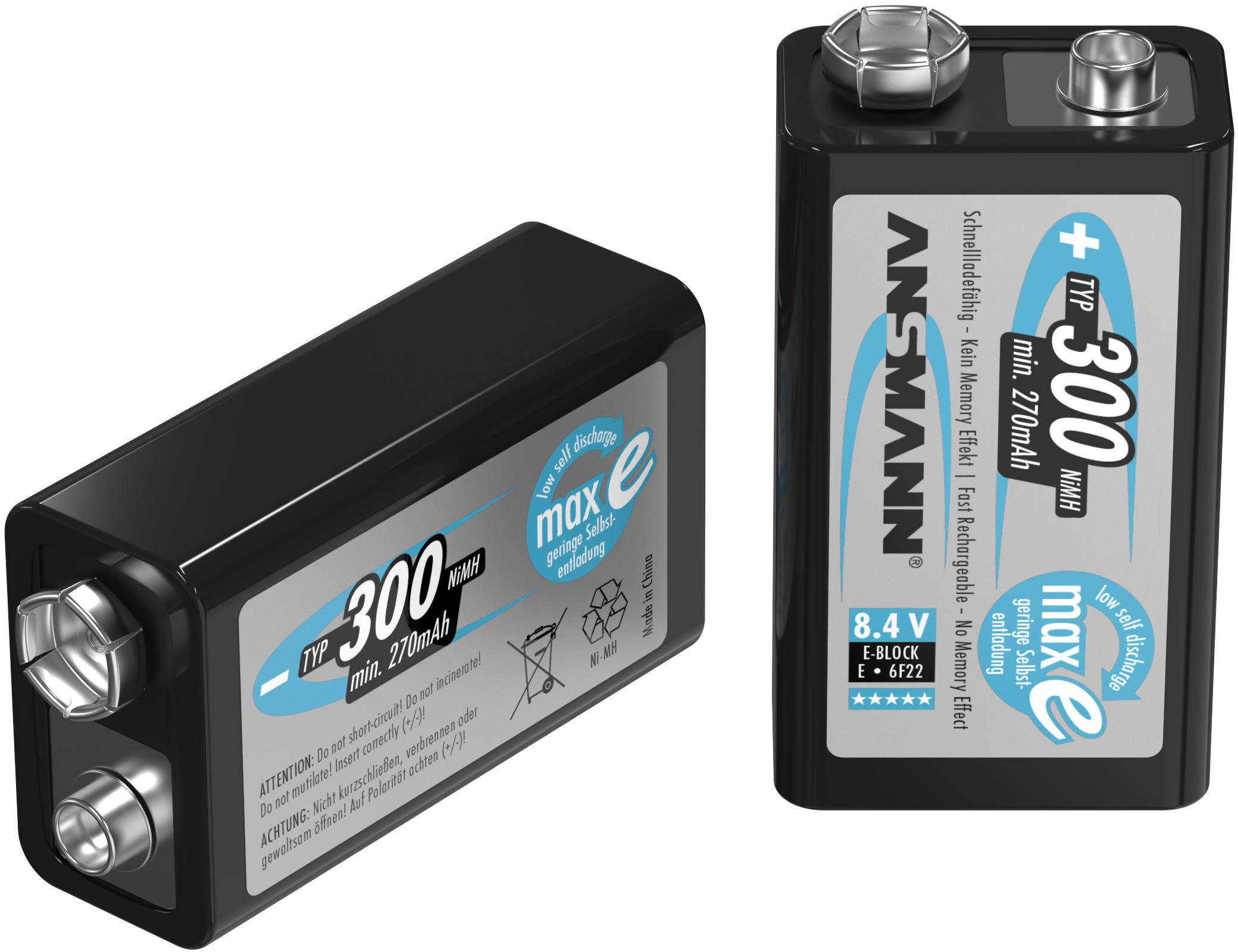 Zwei schwarze 9-Volt-Batterien, eine liegend, eine stehend, mit blauen und weißen Etiketten, Kapazität 'mind. 300 mAh' angegeben.