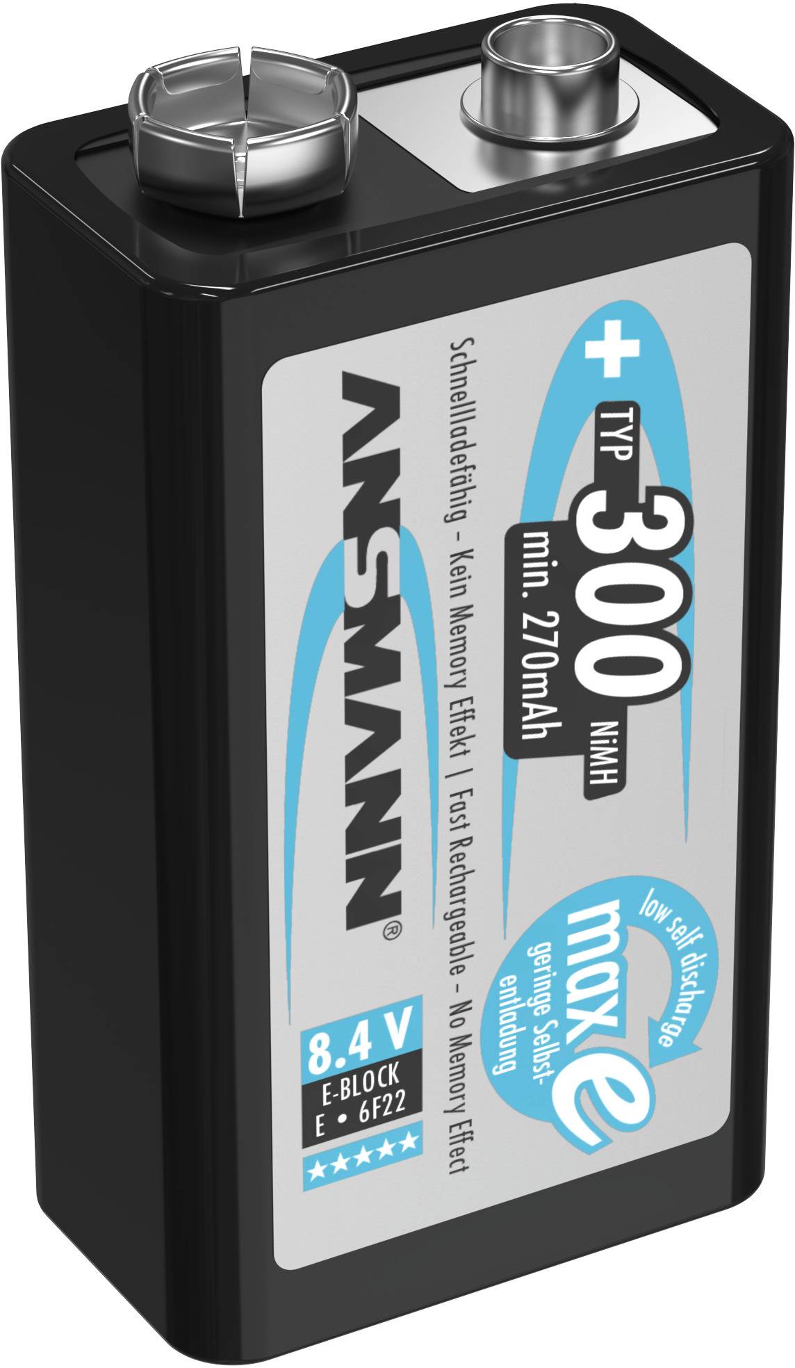9-Volt-Batterie, Marke Ansmann, Typ 300 mWh, E-Block 6F22. Geeignet für Geräte mit mittlerem Strombedarf.