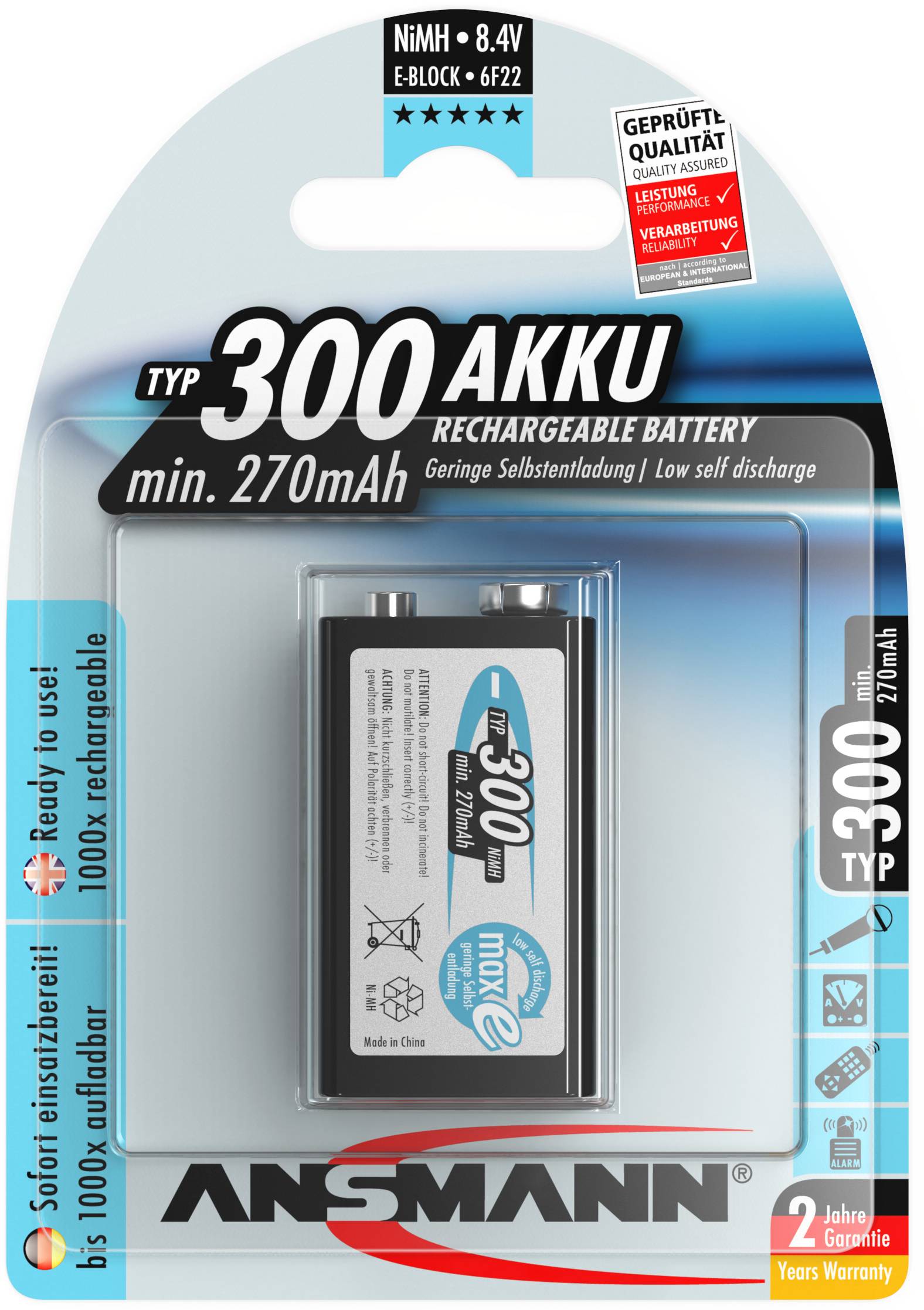 Akkutyp 300, min. 270 mAh, NiMH, 8.4V. Wiederaufladbare Batterie mit geringer Selbstentladung. 2 Jahre Garantie.