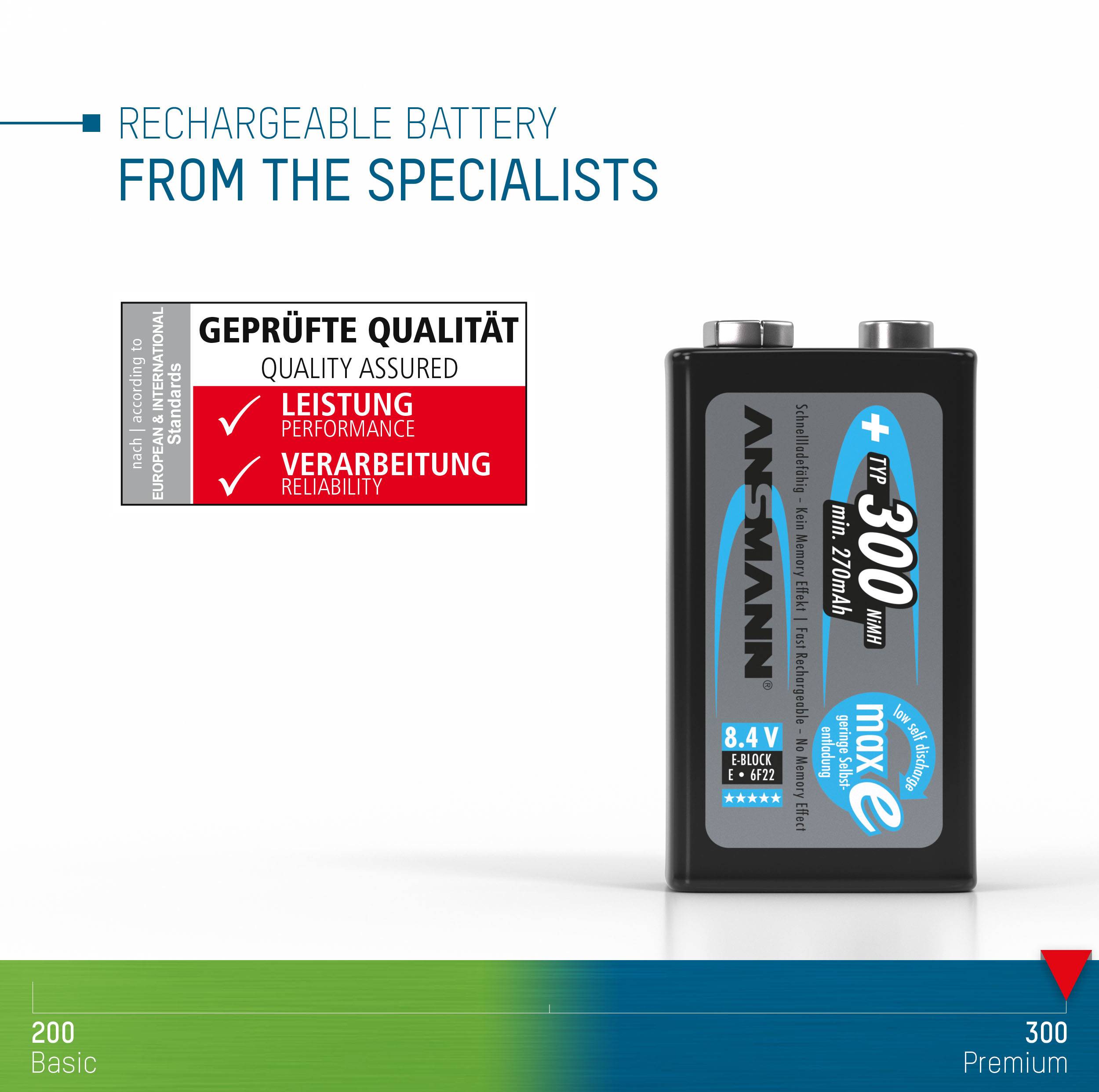 Eine wiederaufladbare Batterie mit der Aufschrift 'Ansmann 300'. Zertifikatsgrafik zeigt 'Geprüfte Qualität Leistung und Verarbeitung zuverlässig'.
