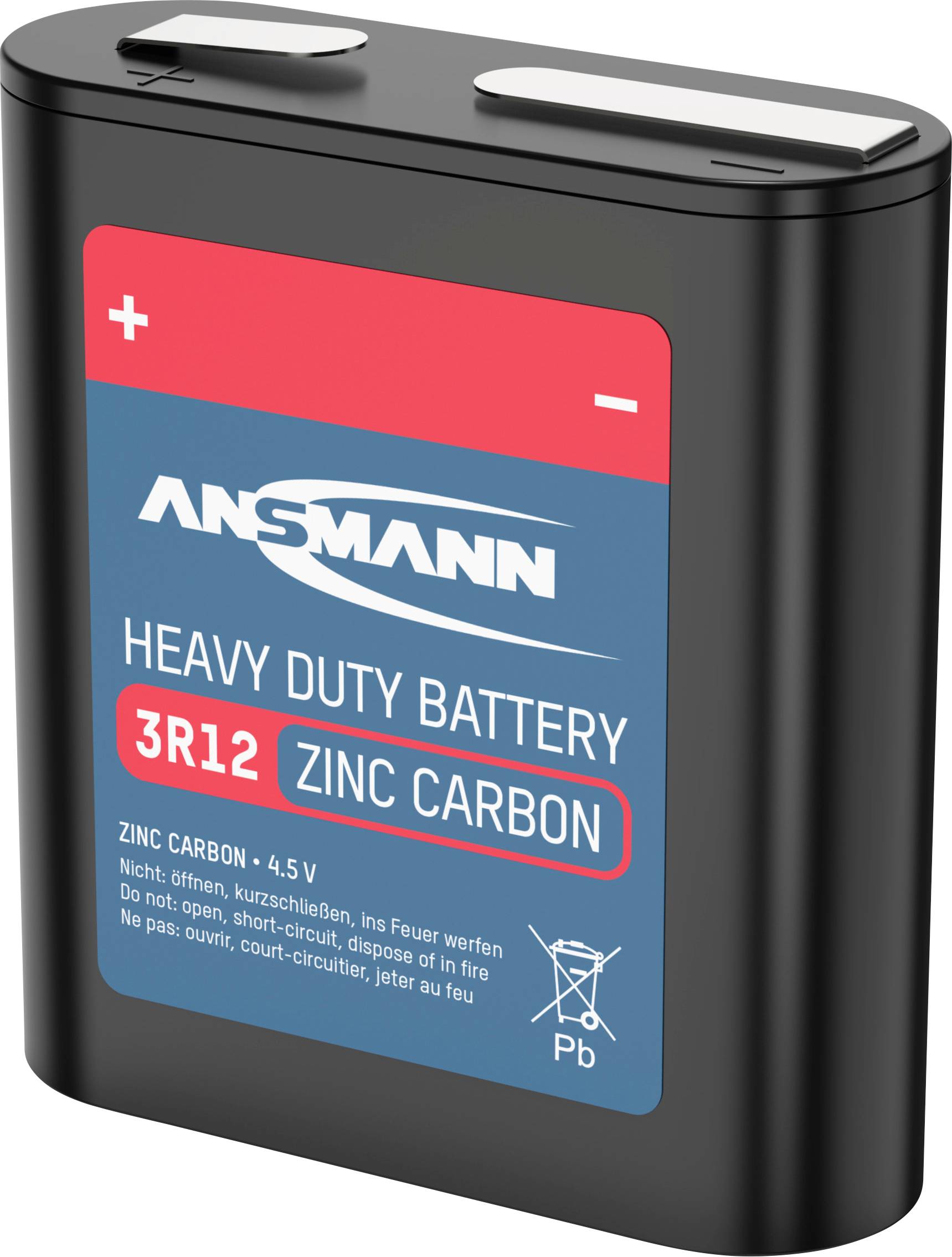 Schwarze Batterie mit Plus- und Minuspolen, rot-blaues Etikett zeigt Marke, Typ 'Heavy Duty 3R12' und Hinweise zur Entsorgung.