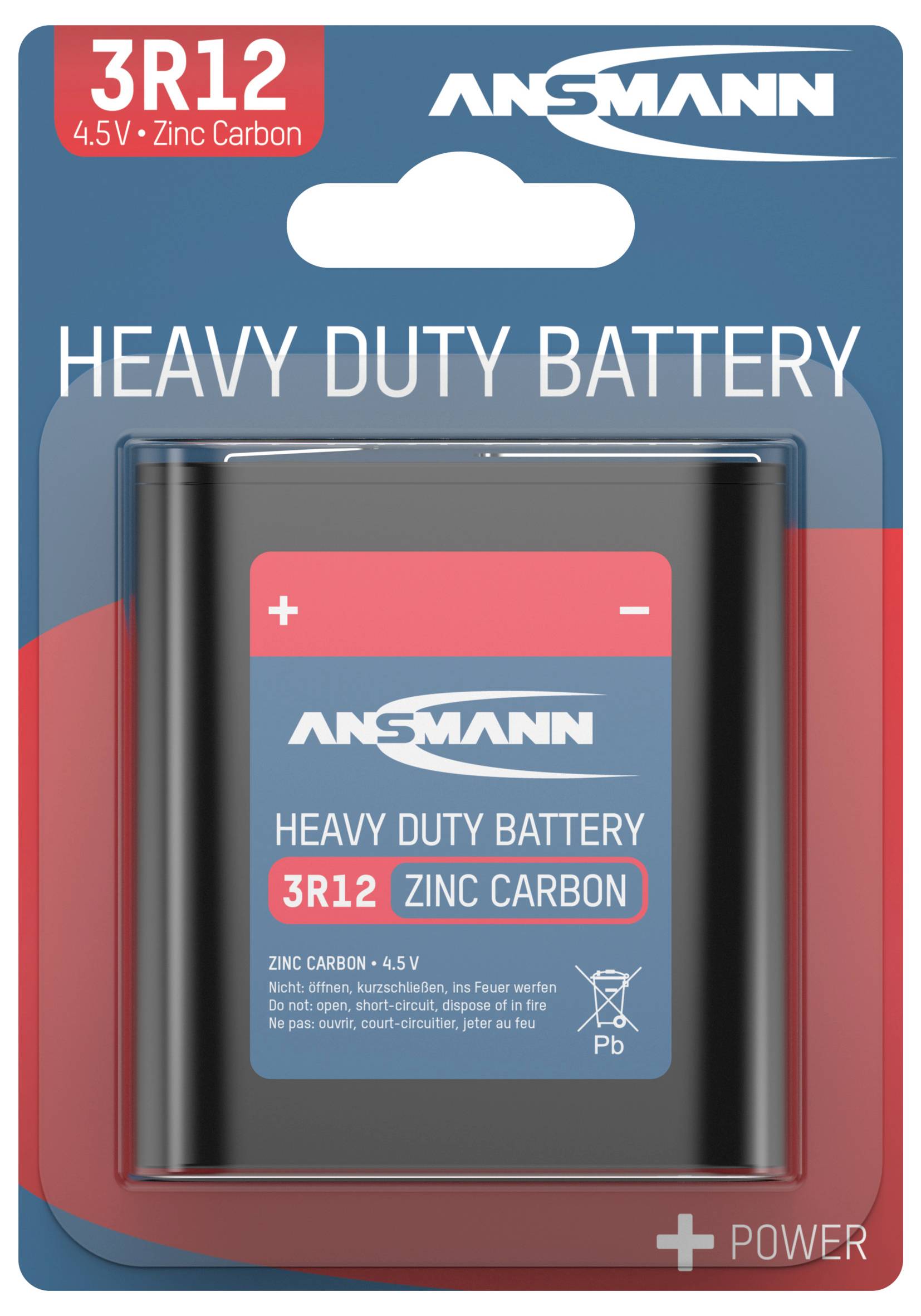 'ANSMANN Heavy Duty Battery, Typ 3R12, 4,5V, Zink-Kohle, nicht wiederaufladbar.' Verpackung in Blau und Rot mit Batteriesymbol.