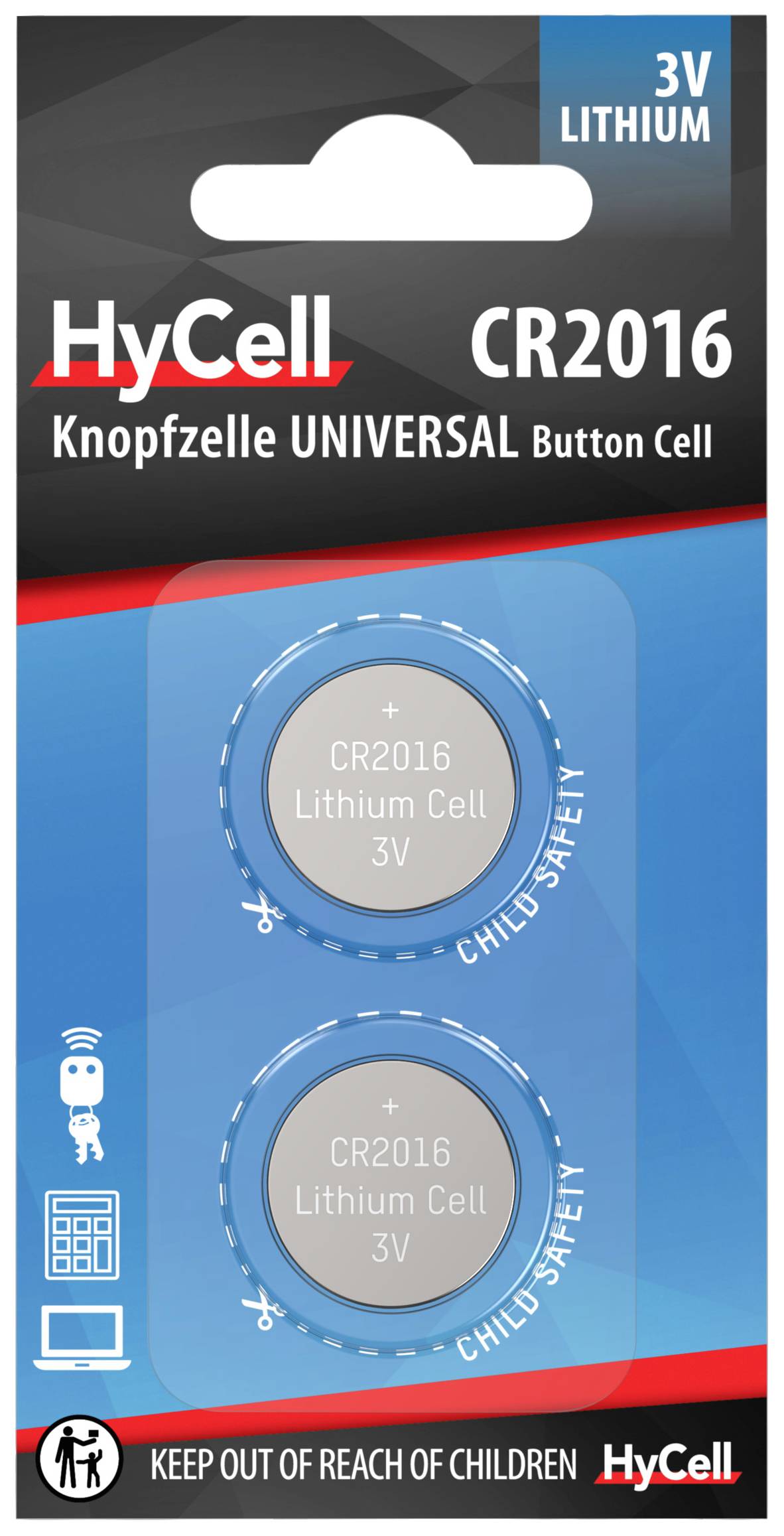 Verpackung von HyCell CR2016 Lithium-Knopfzellen, 3V. Zwei Batterien, geeignet für kleine Geräte. Warnhinweis 'Keep out of reach of children'.