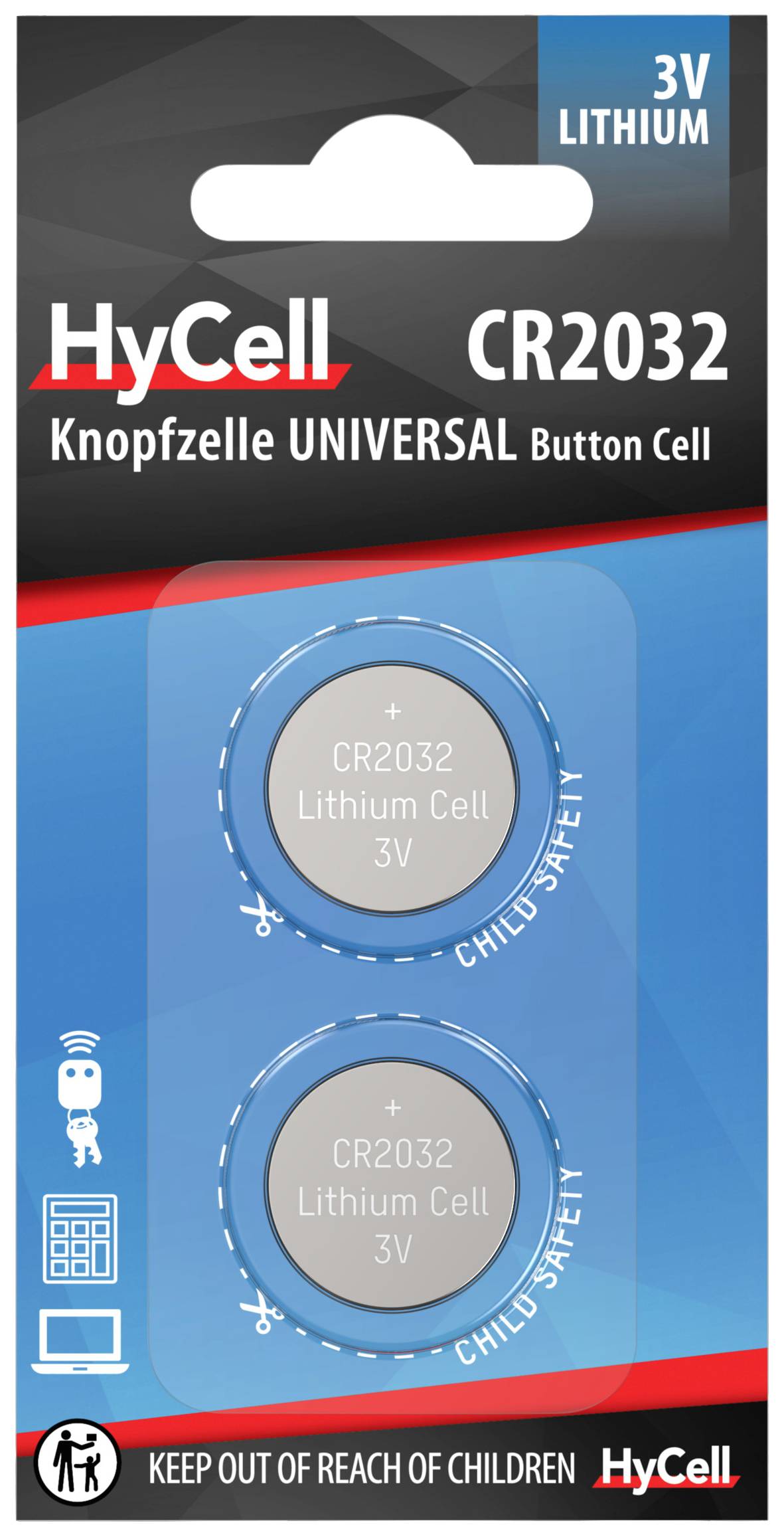 'HyCell CR2032 Knopfzelle' Verpackung, 3V Lithiumzellen, zwei Batterien. Hinweis 'KEEP OUT OF REACH OF CHILDREN'.