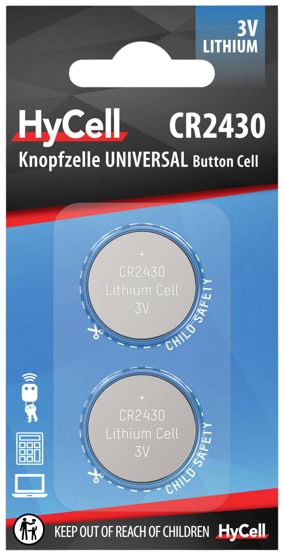 HyCell Knopfzellen CR2430; 3V Lithium; 2 Stück; Universalnutzung; Kindersicher; Von Kindern fernhalten.