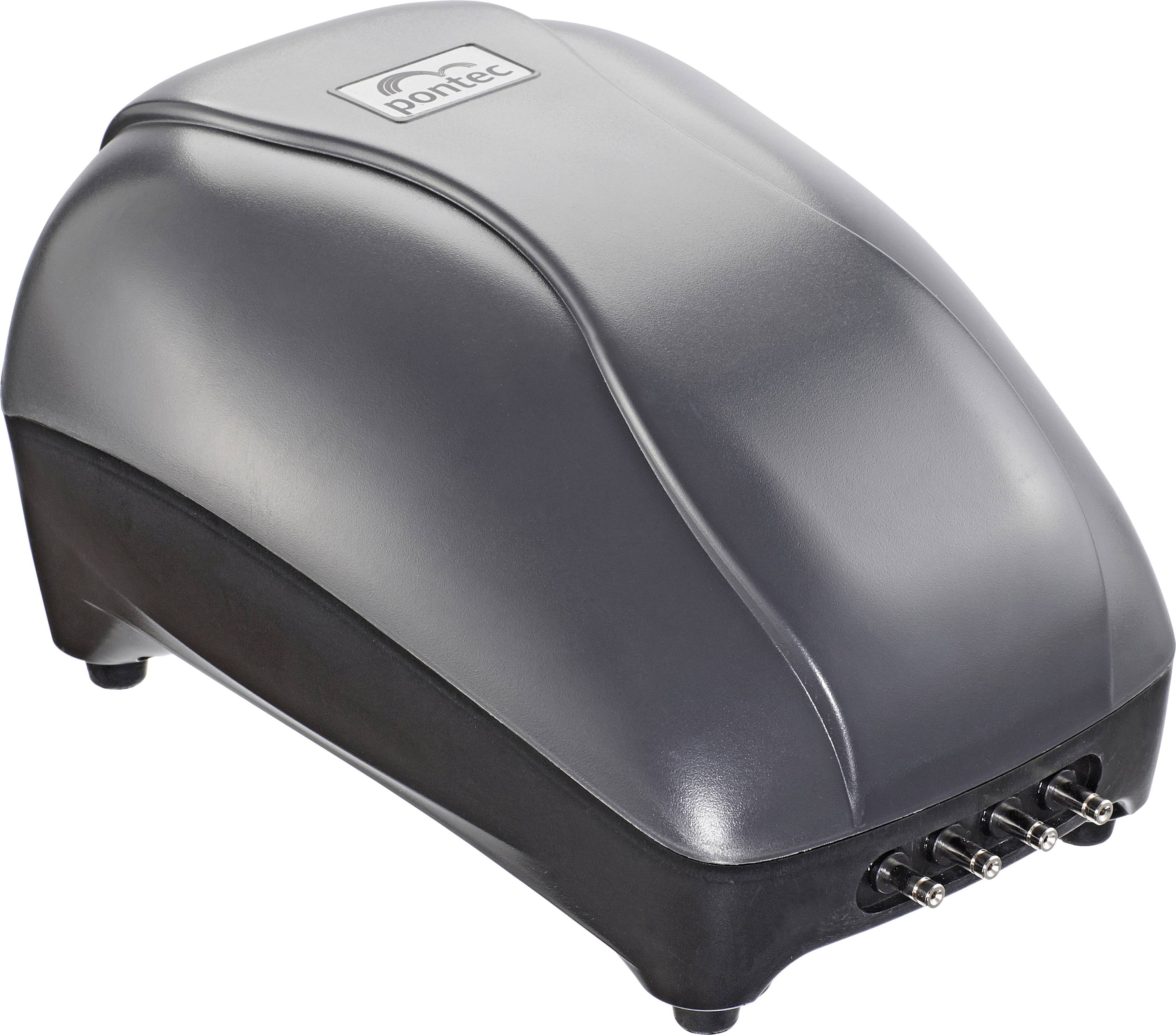 Eine schwarze Teichluftpumpe mit elegantem, abgerundetem Design und vier Ausgängen an der Frontseite. Geeignet für Wasserbelüftungssysteme.