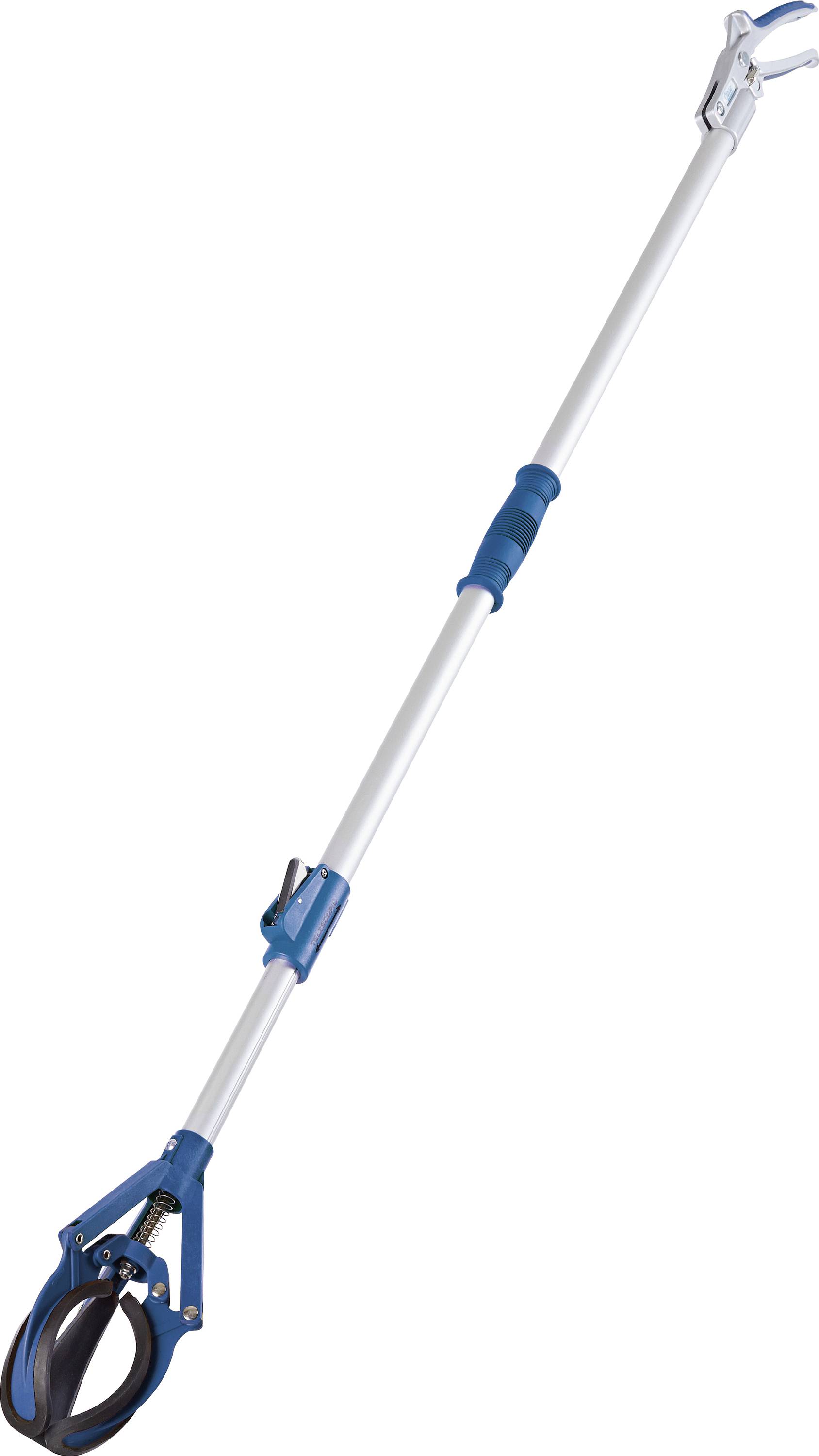 Ein langer, blau-weißer Greifhelfer mit Griff und Greifklaue, der zum Aufheben von Gegenständen aus der Distanz oder von hohen Stellen verwendet wird.