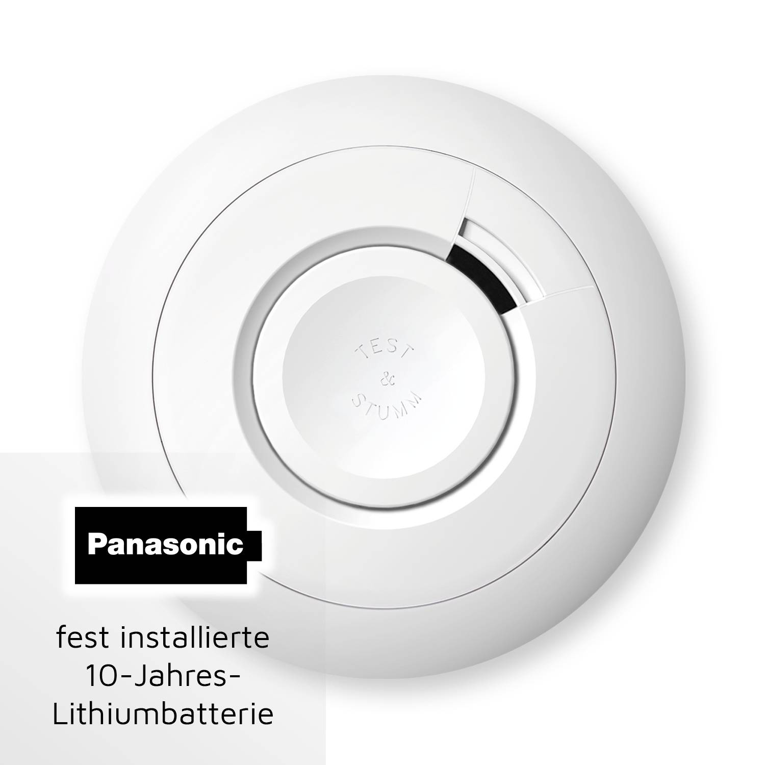 Runder Rauchmelder mit Panasonic-Logo und integrierter 10-Jahres-Lithiumbatterie, zeigt 'Test & Stumm'-Taste auf der Oberfläche.