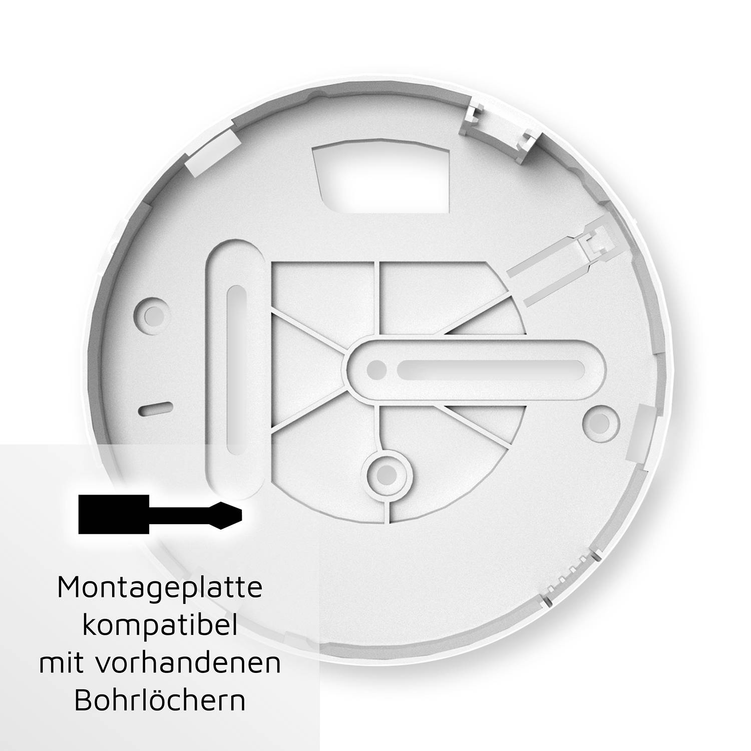 Montageplatte mit kompatiblen Bohrlöchern, kreisförmig mit symmetrischem Design, inklusive Anleitungspfeil und Text.