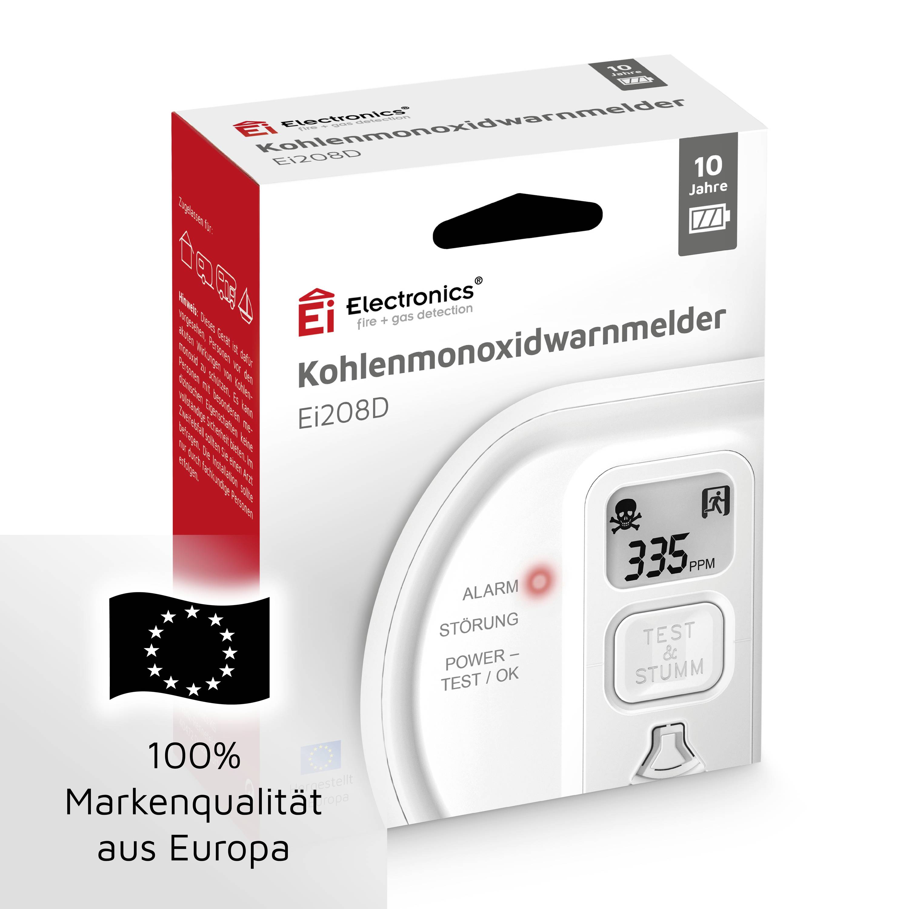 Ei Electronics Ei208D-3X179 Kohlenmonoxid-Melder inkl. 10 Jahres-Batterie batteriebetrieben detektiert Kohlenmonoxid