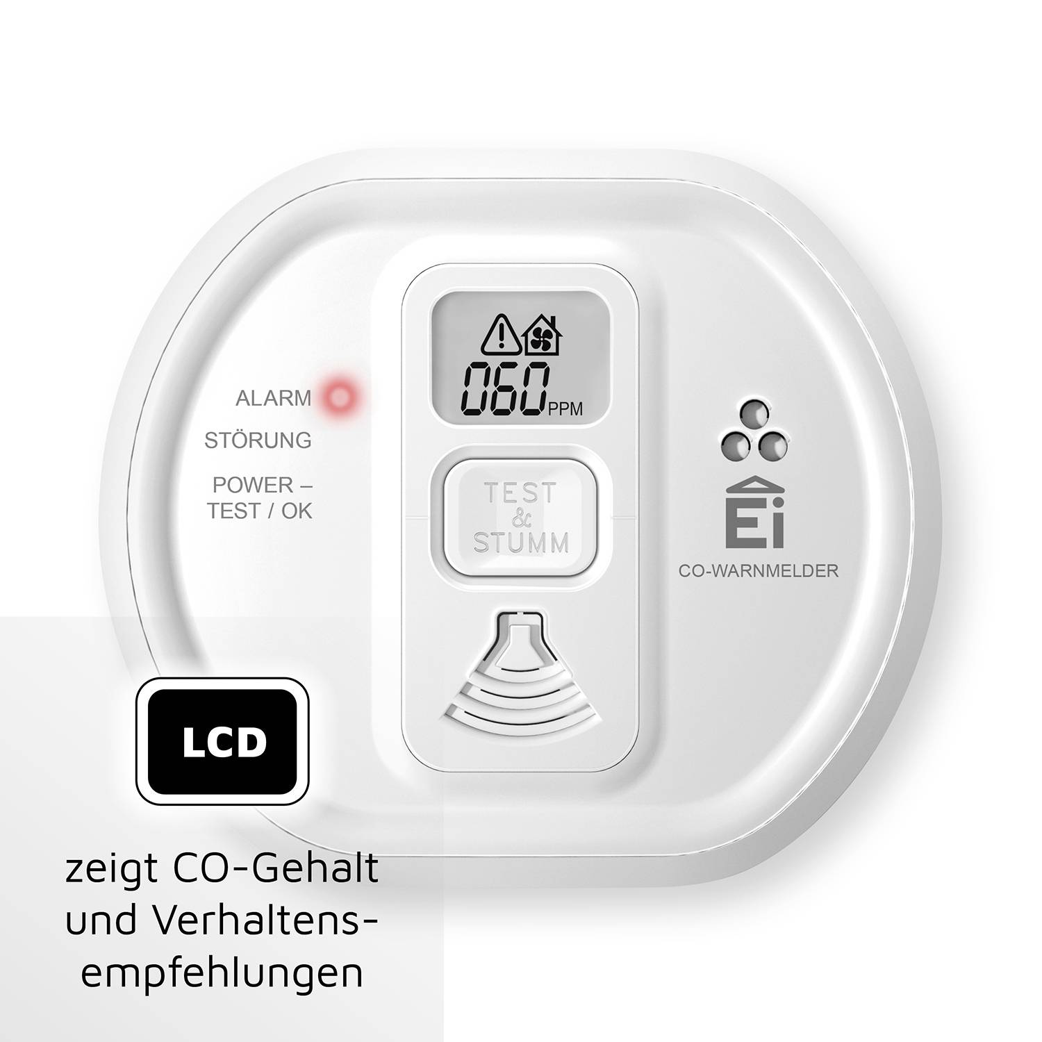 Ein CO-Warnmelder mit LCD-Anzeige zeigt 60 ppm. Links leuchtet eine rote LED bei 'ALARM STÖRUNG'. Tasten für 'TEST & STUMM'.