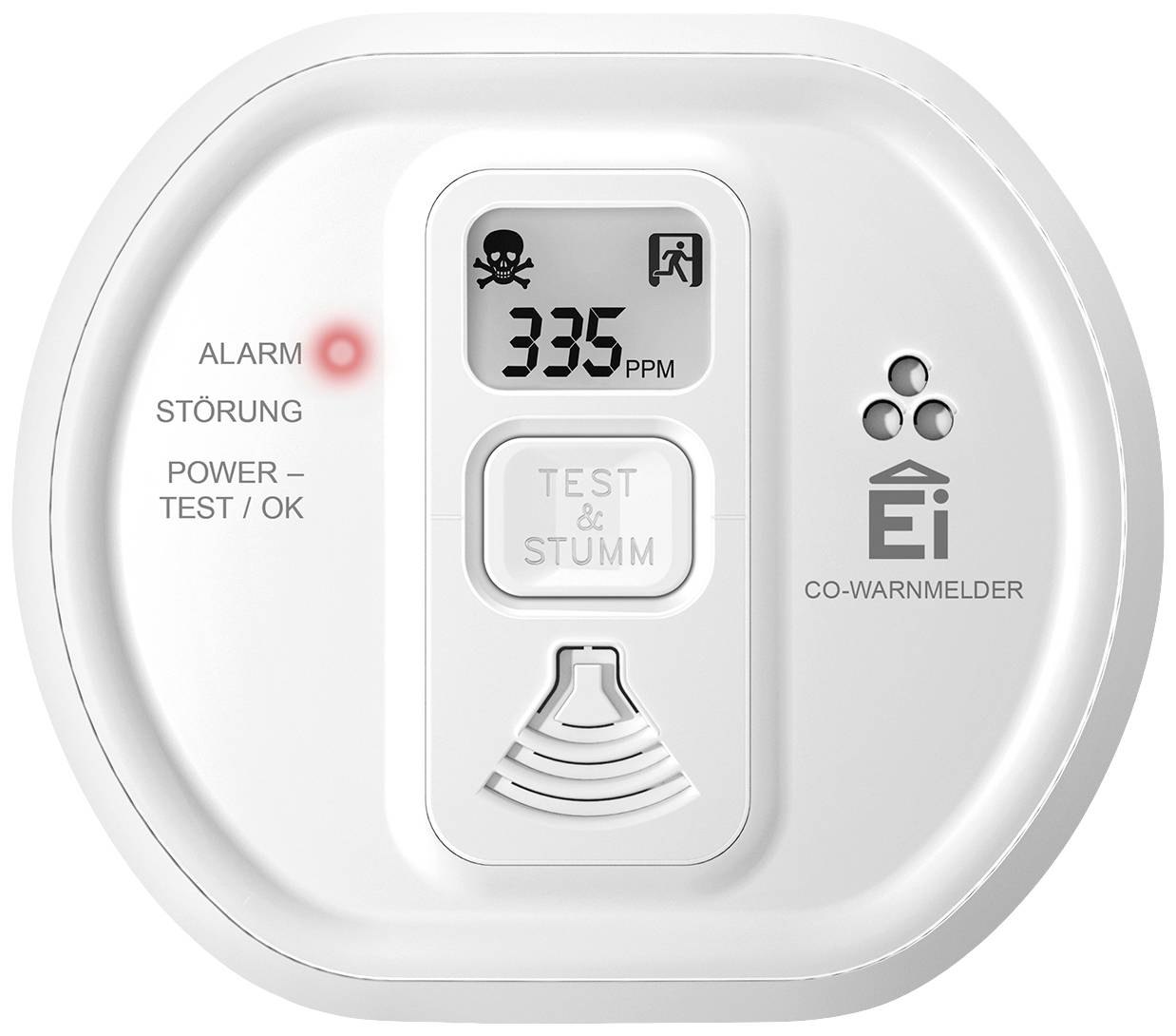 Kohlenmonoxid-Warnmelder zeigt Alarm mit rotem Licht und einem Wert von 335 ppm auf dem Display, symbole für Gefahr und Funktionen.