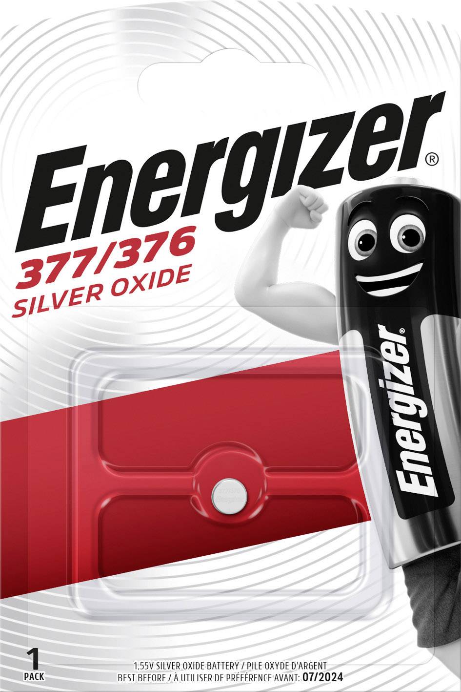 Verpackung einer Energizer-Batterie des Typs 377/376 Silver Oxide mit einer cartoonartigen Batteriefigur. Silberfarbene Schrift.