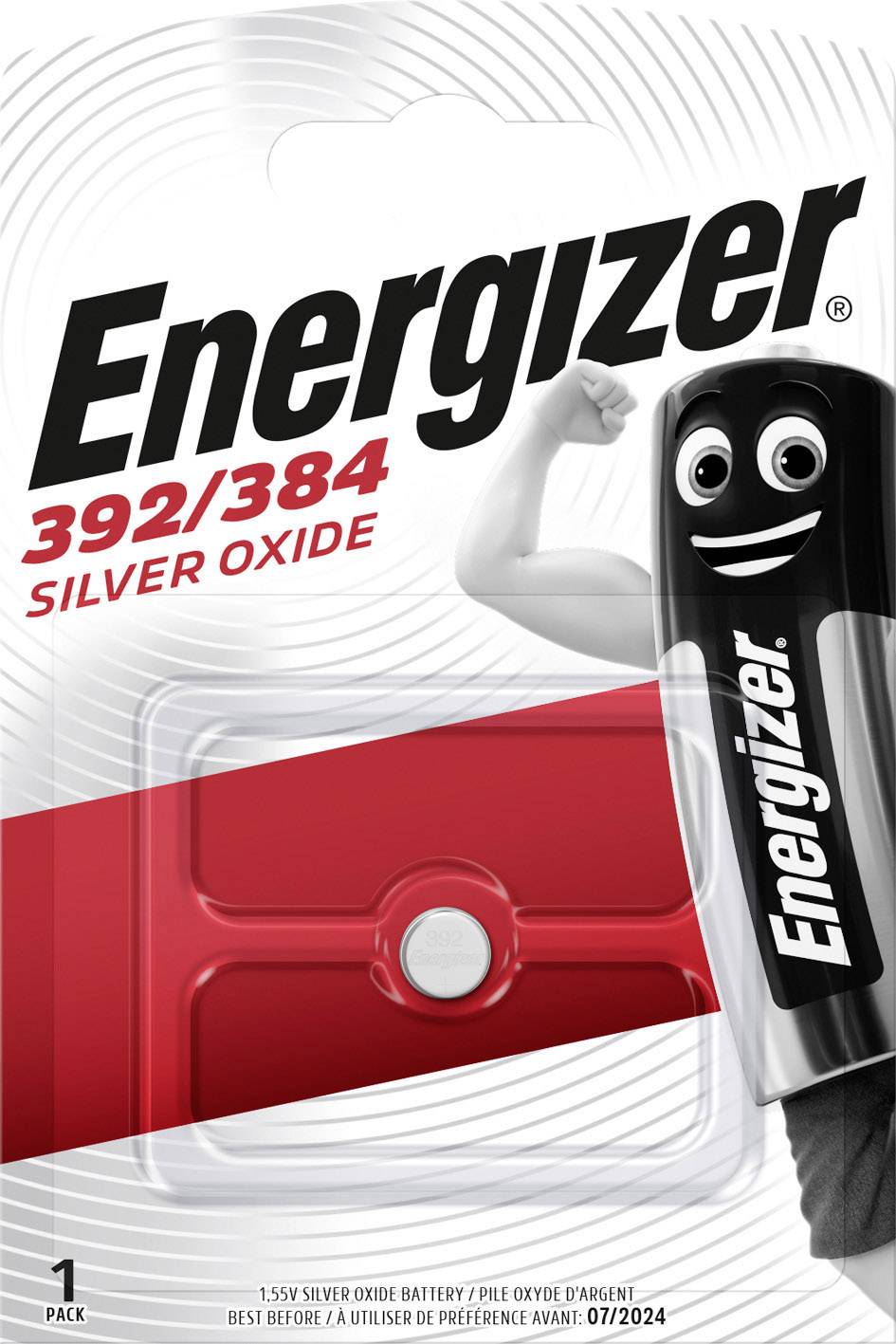 Energizer-Batteriepackung mit der Aufschrift '392/384 Silver Oxide'. Batterie mit Muskeln dargestellt. Verpackung für eine Batterie.