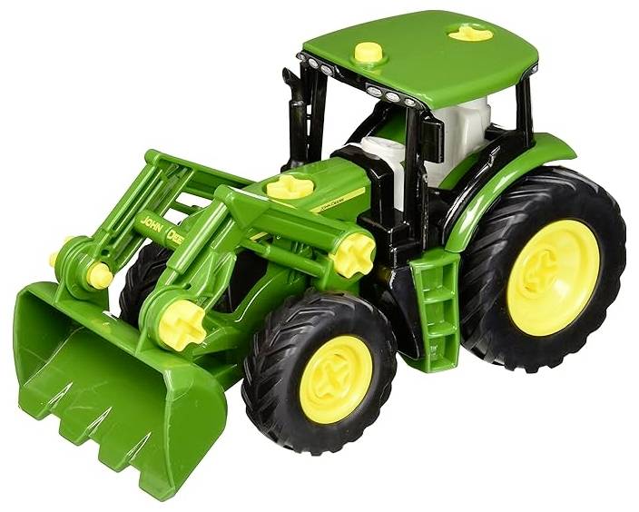 Ein grüner Spielzeugtraktor mit Frontlader, ausgestattet mit gelben Rädern und detaillierten Komponenten, auf einem einfarbigen weißen Hintergrund dargestellt.
