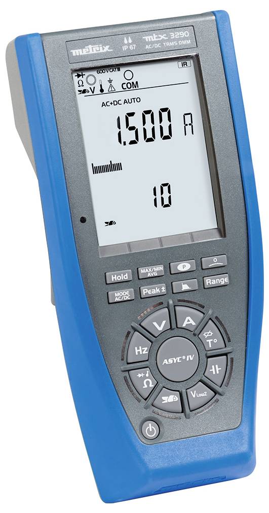 Digitales Multimeter mit blauem Gehäuse und Displayanzeige '1,500 A'. Gerät hat Tasten für verschiedene Messfunktionen.
