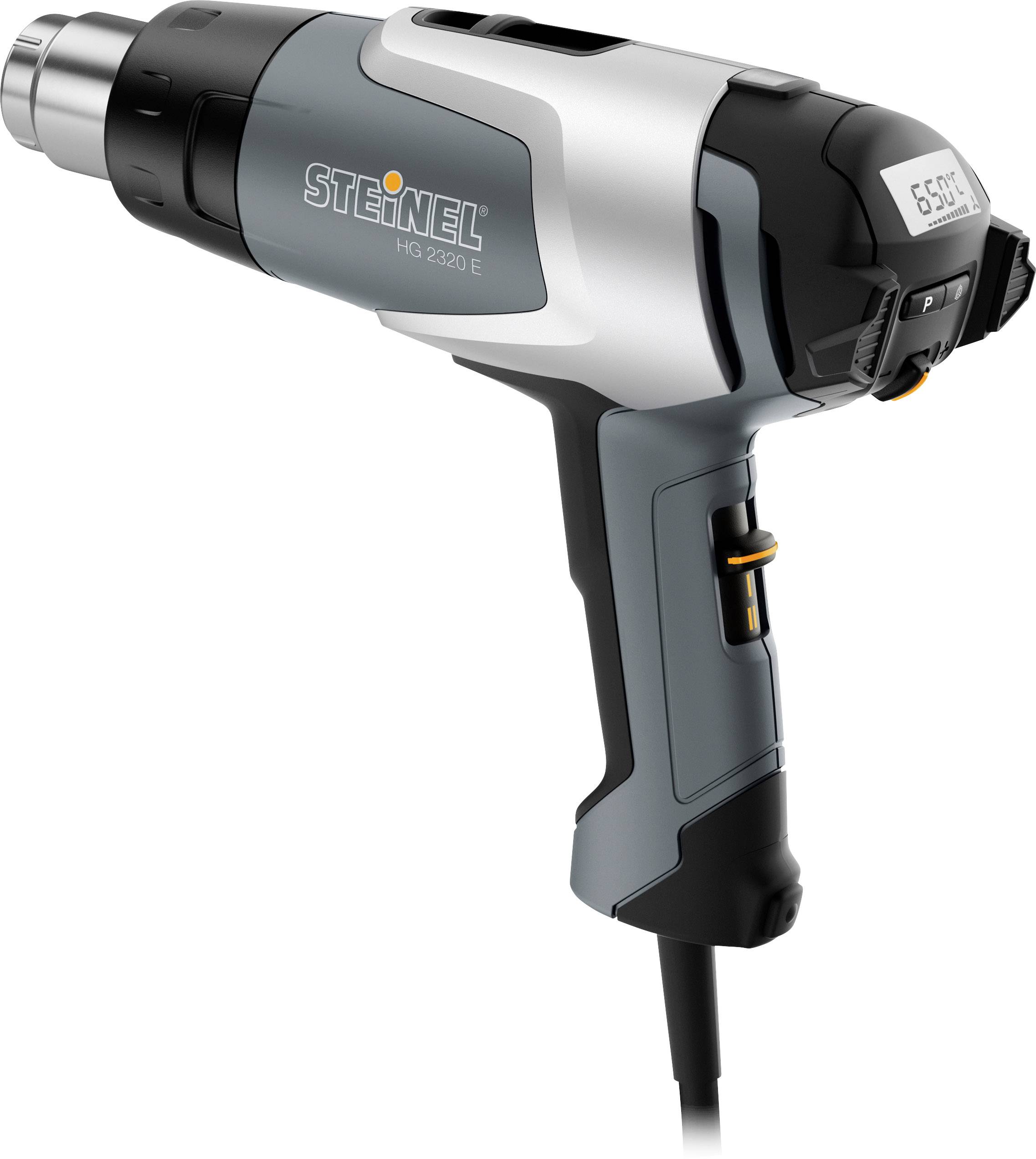 Ein Heißluftgebläse der Marke Steinel, Modell HG 2320 E, mit digitaler Anzeige für Temperaturregelung, abgebildet in Seitenansicht.