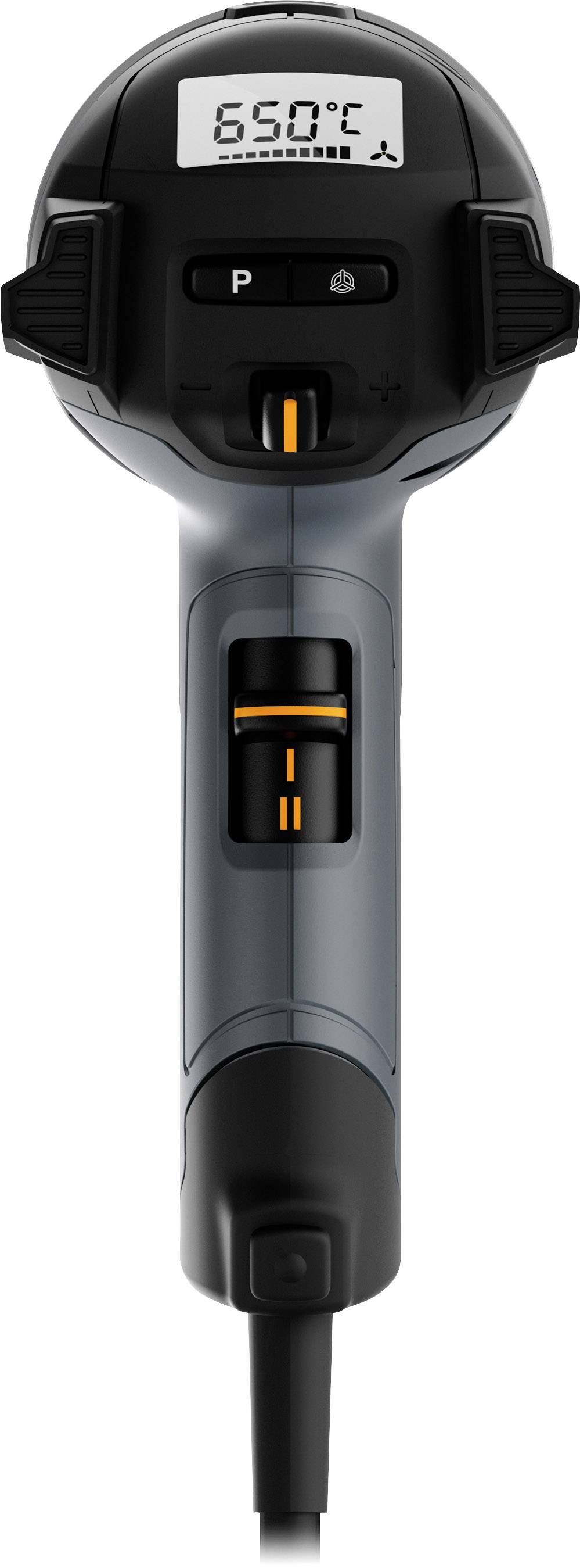 Ein digitaler Haartrockner in Grau und Schwarz mit LED-Anzeige, die eine Temperatur von 650°C anzeigt, und mehreren Einstellknöpfen.