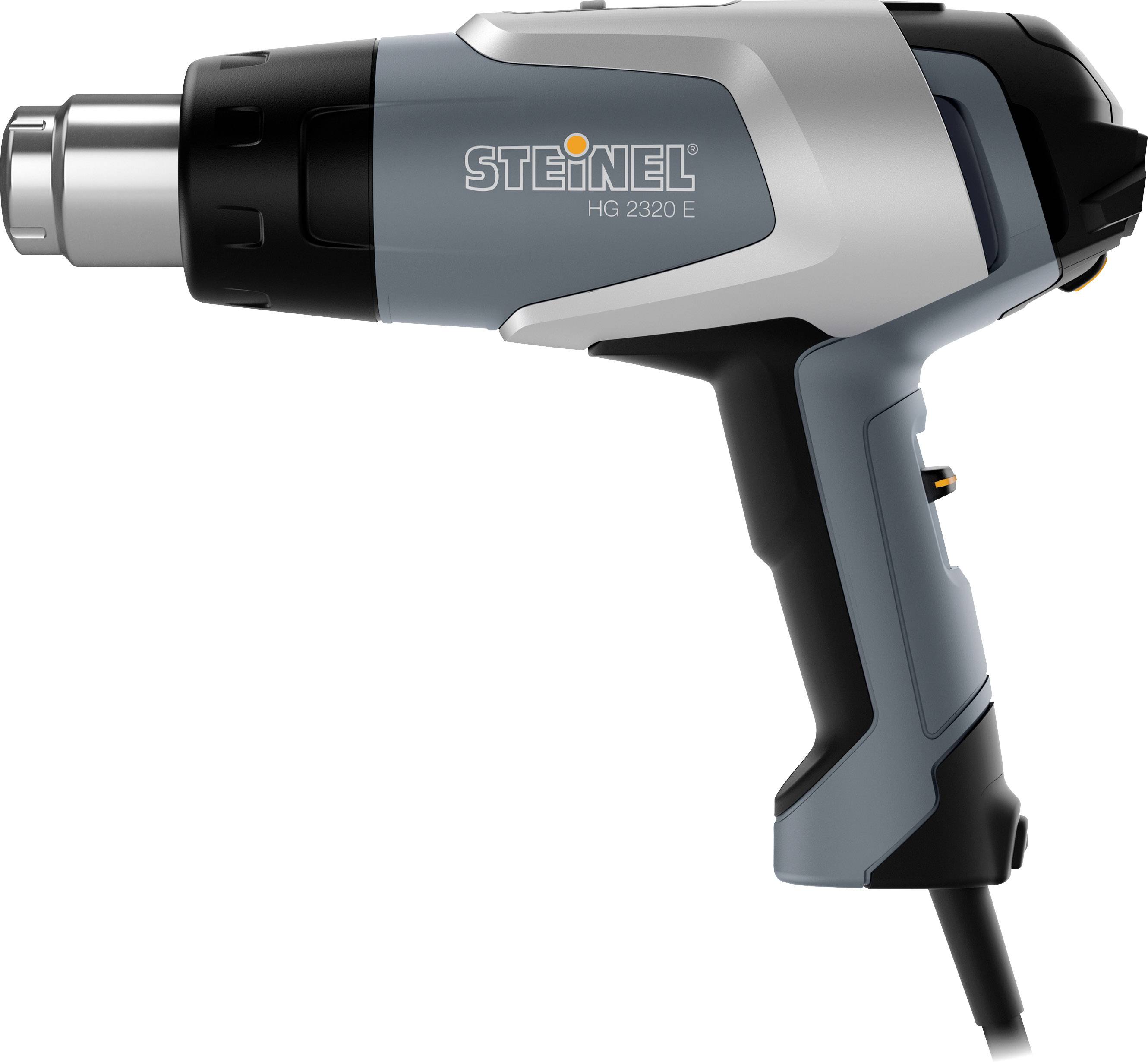 Heißluftgebläse Steinel HG 2320 E in seitlicher Ansicht mit ergonomischem Griff und Temperaturregler. Ideal für technische Anwendungen.