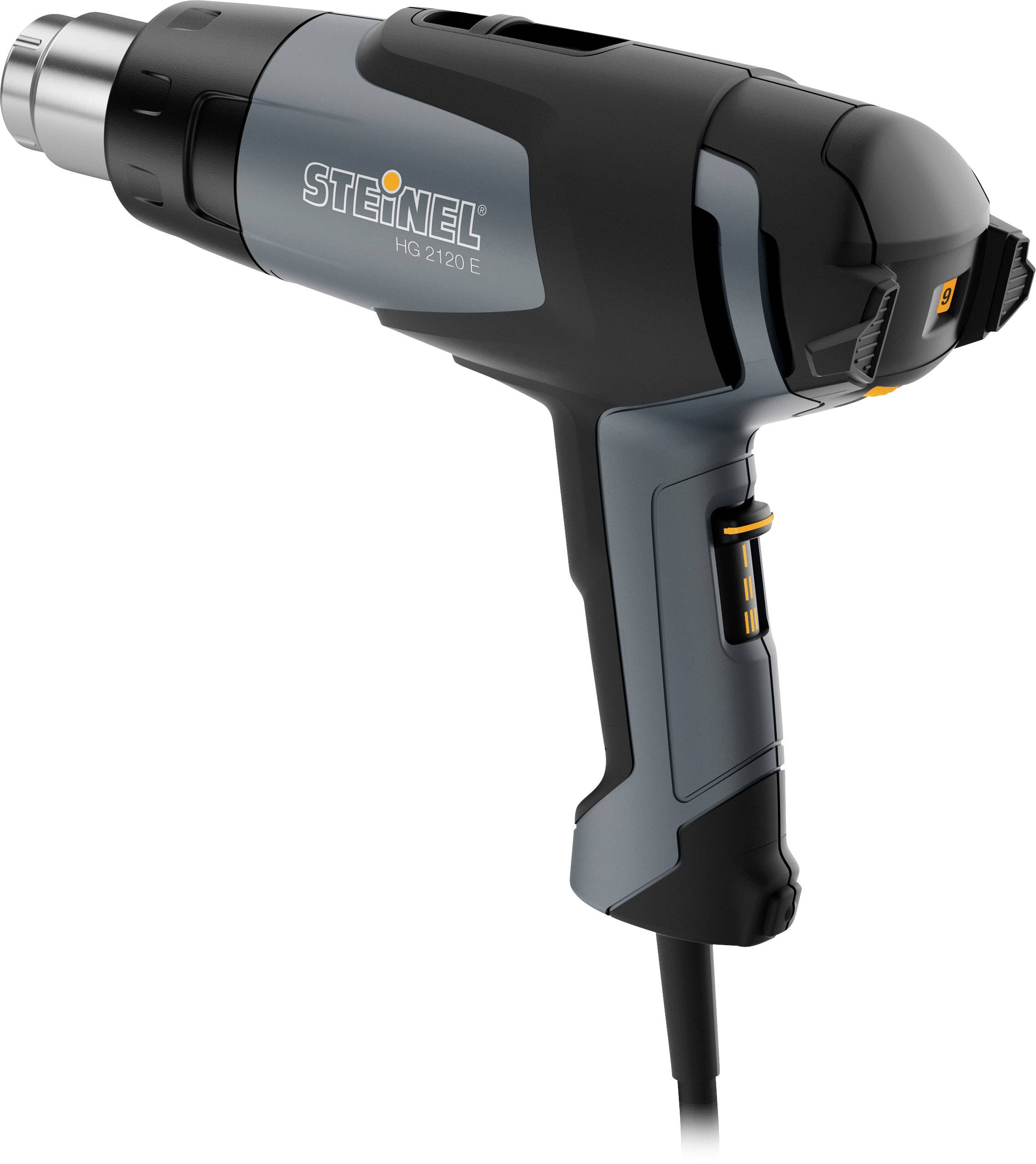 Heißluftgebläse der Marke Steinel, Modell HG 2120 E, mit ergonomischem Griff und Temperaturanzeige. Ideal für handwerkliche Arbeiten.