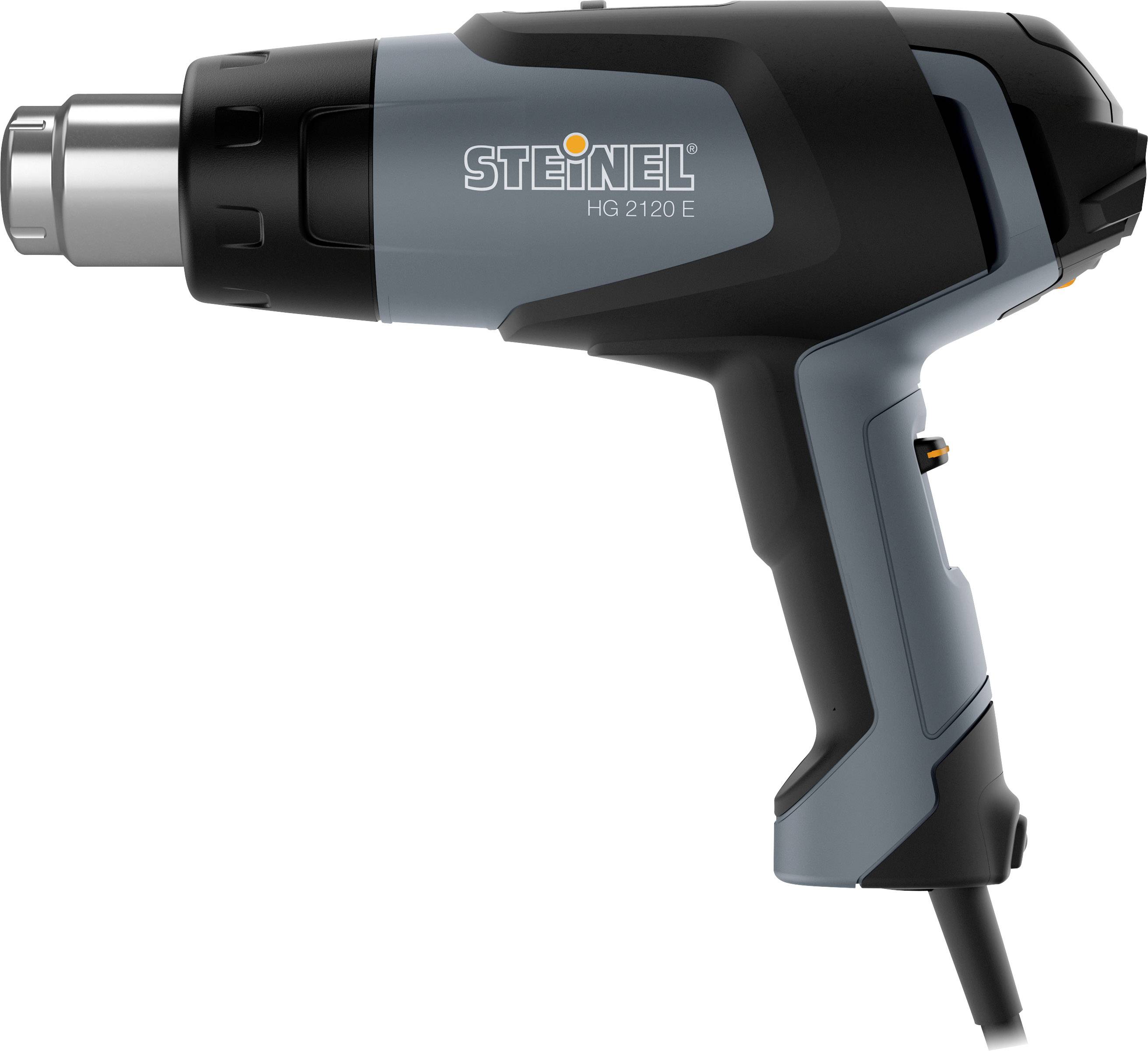 Heißluftpistole Steinel HG 2120 E in Schwarz und Grau. Ergonomisches Design, geeignet für Bau- und Handwerksarbeiten.