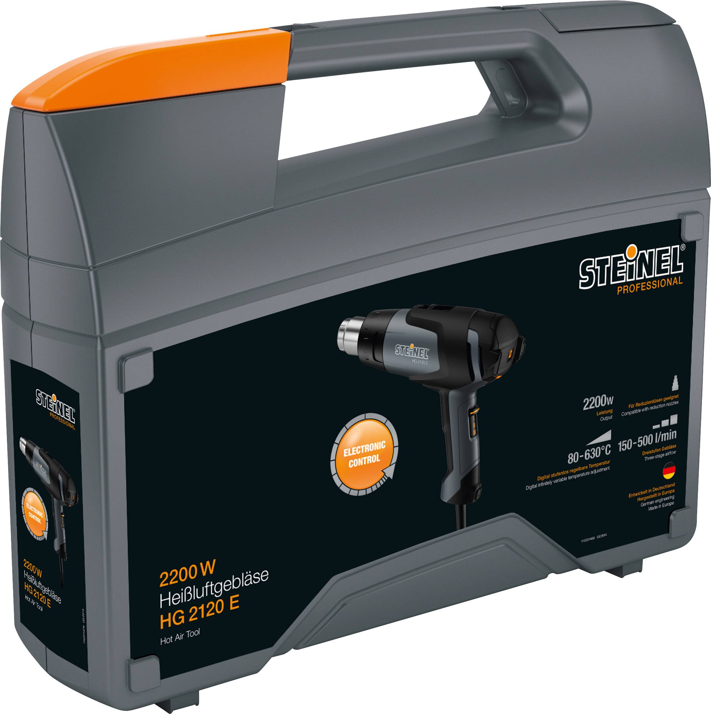 Grauer Koffer mit orangefarbenem Griff, darauf Aufdruck eines schwarzen Heißluftgebläses 'Steinel Professional HG 2120 E, 2200W'.