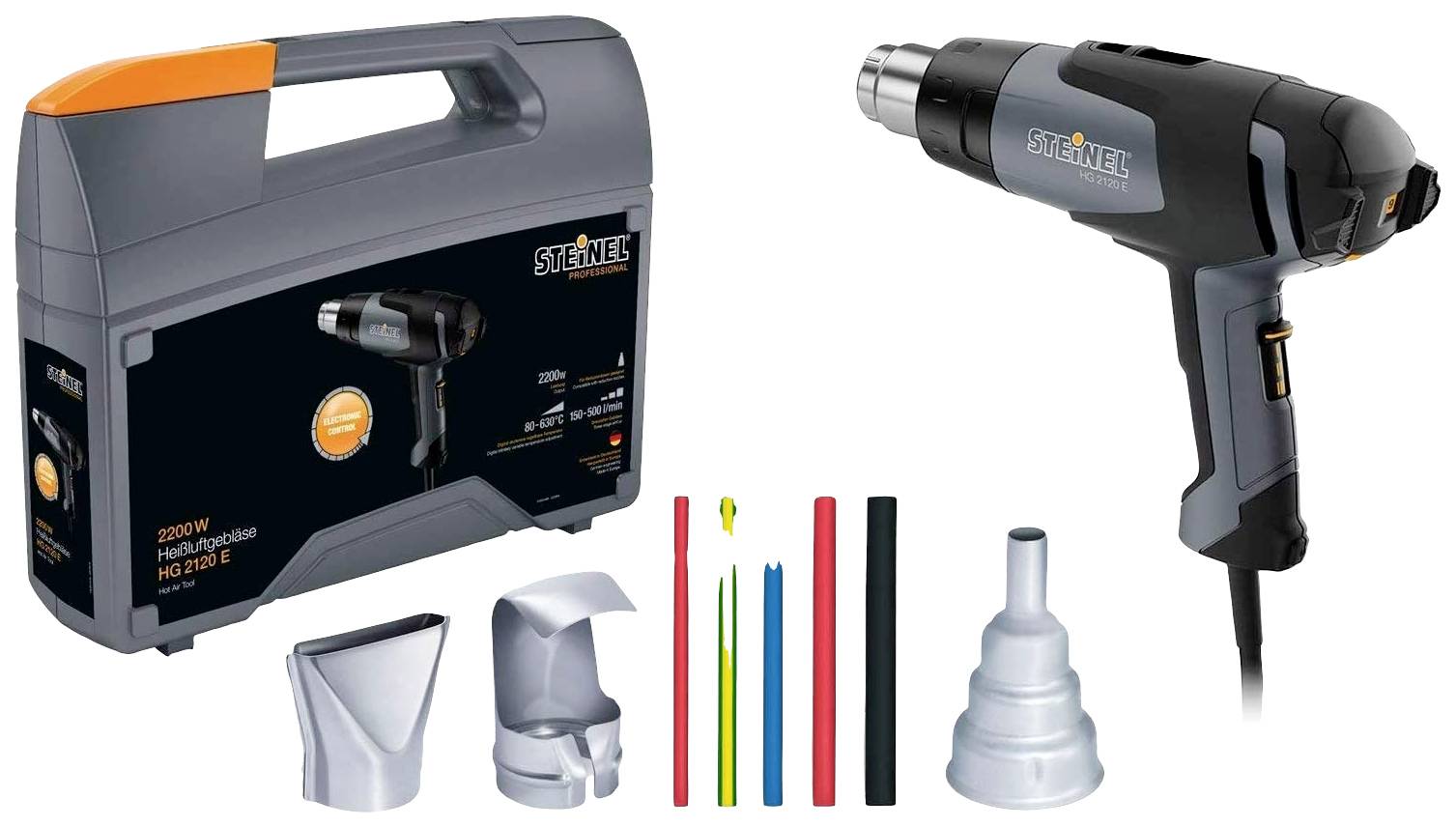 Heißluftgebläse-Set mit Pistole, verschiedenen Düsenaufsätzen und Farbschrumpfschläuchen. Verpackung und Werkzeugcase sichtbar.