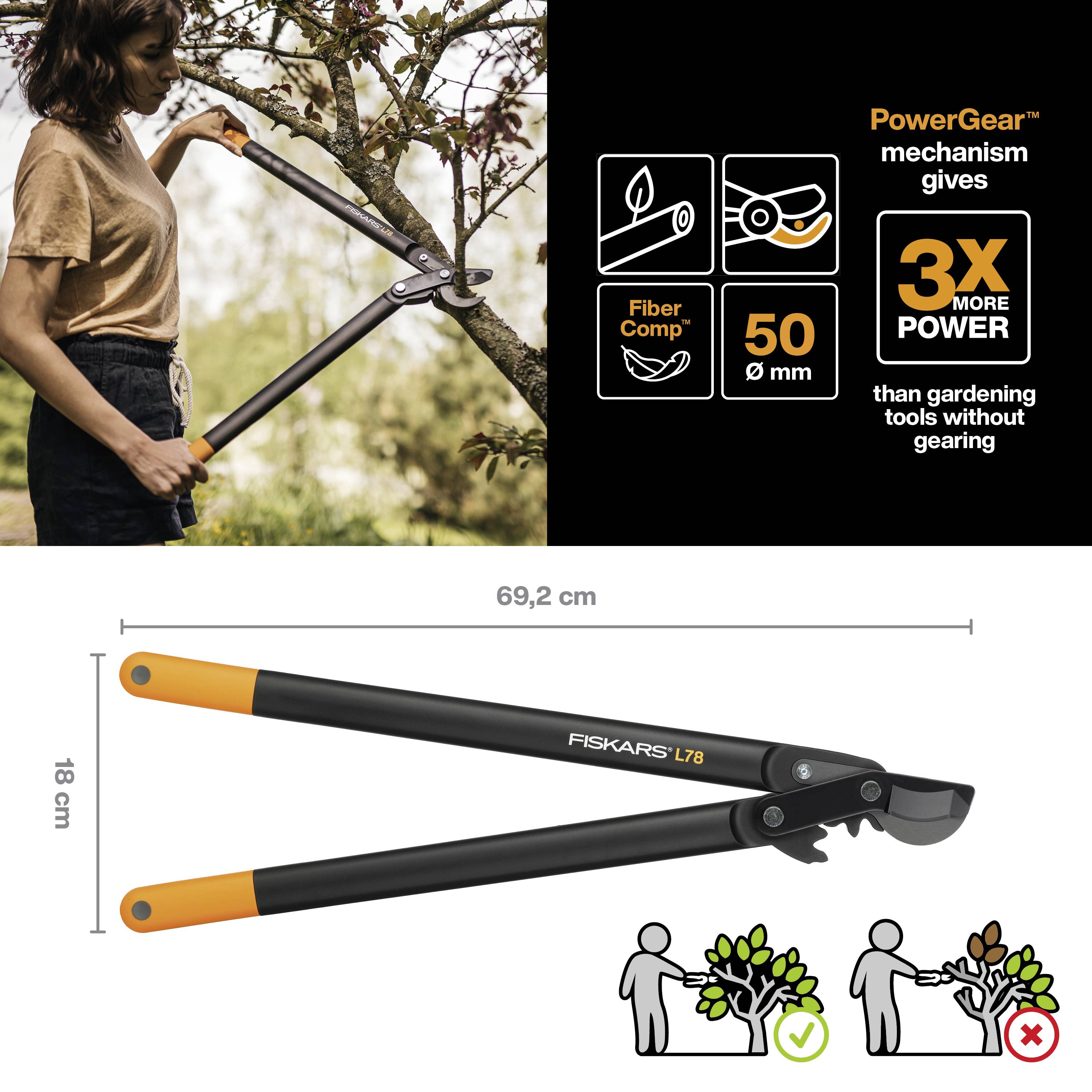 Fiskars 1000584 PowerGear II 70 cm L78 Astschere Bypass
