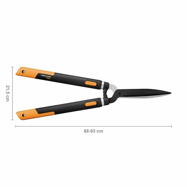 Heckenschere mit orange-schwarzen Griffen, verstellbar von 68 bis 93 cm, Klingenlänge 21,5 cm, geeignet zum Schneiden von Büschen.