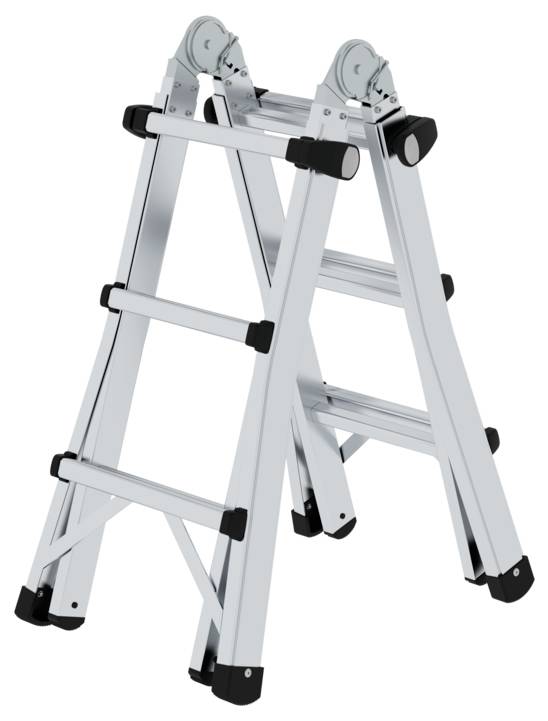 Eine ausgeklappte multifunktionale Leiter aus Metall mit mehreren Gelenken, geeignet für unterschiedliche Haushaltseinsätze.