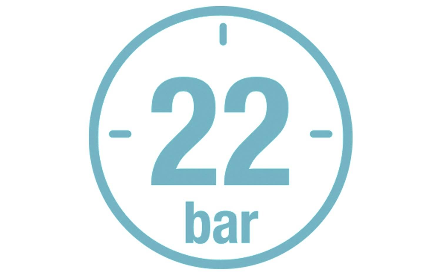 '22 bar' in einem Kreis, möglicherweise ein Druckindikator oder eine relevante Angabe für ein Produkt oder Gerät.