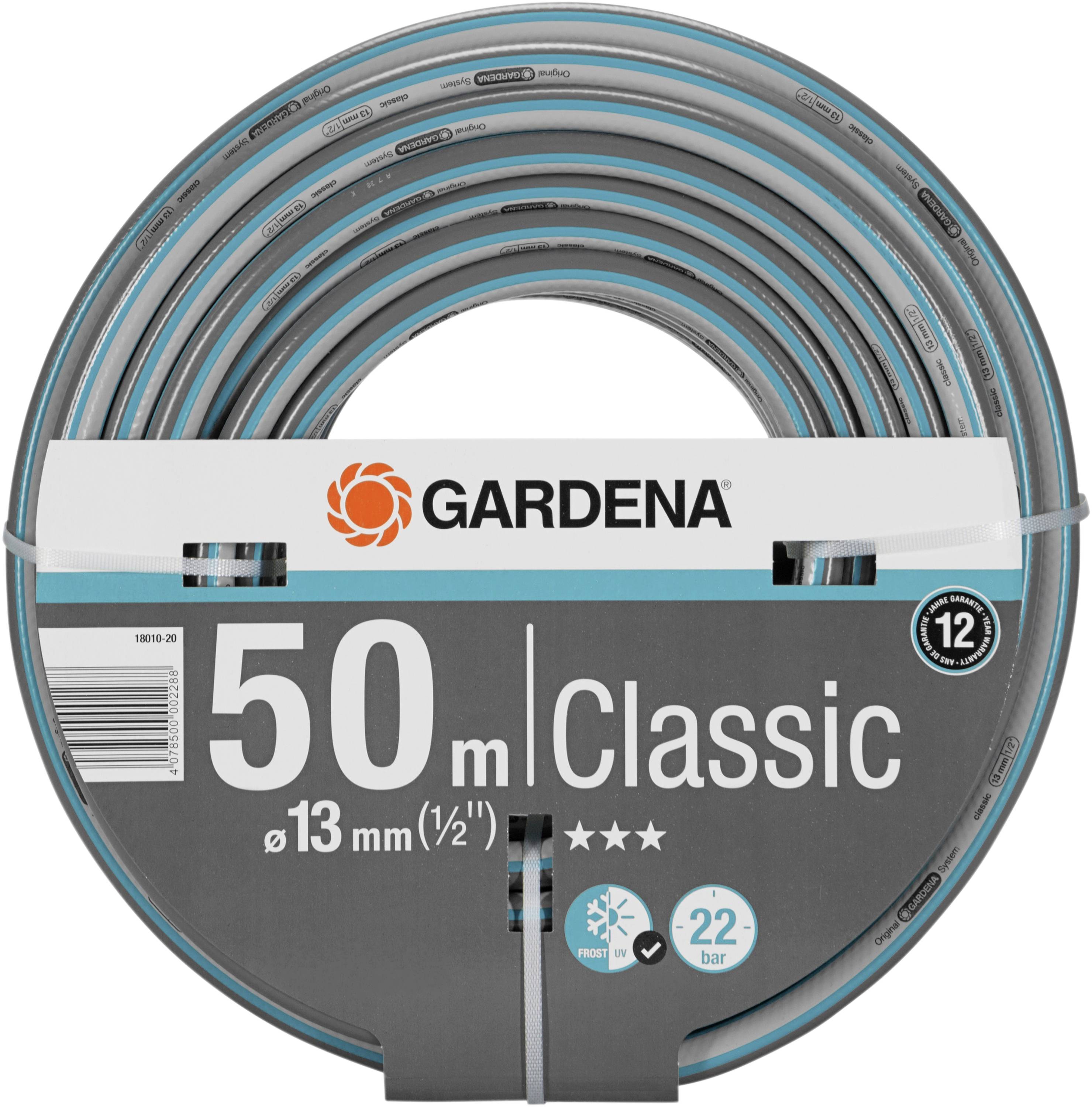 Gartenschlauch von Gardena, 50 Meter Länge, 13 mm Durchmesser, Classic-Modell, geeignet für einen Wasserdruck bis 22 bar.
