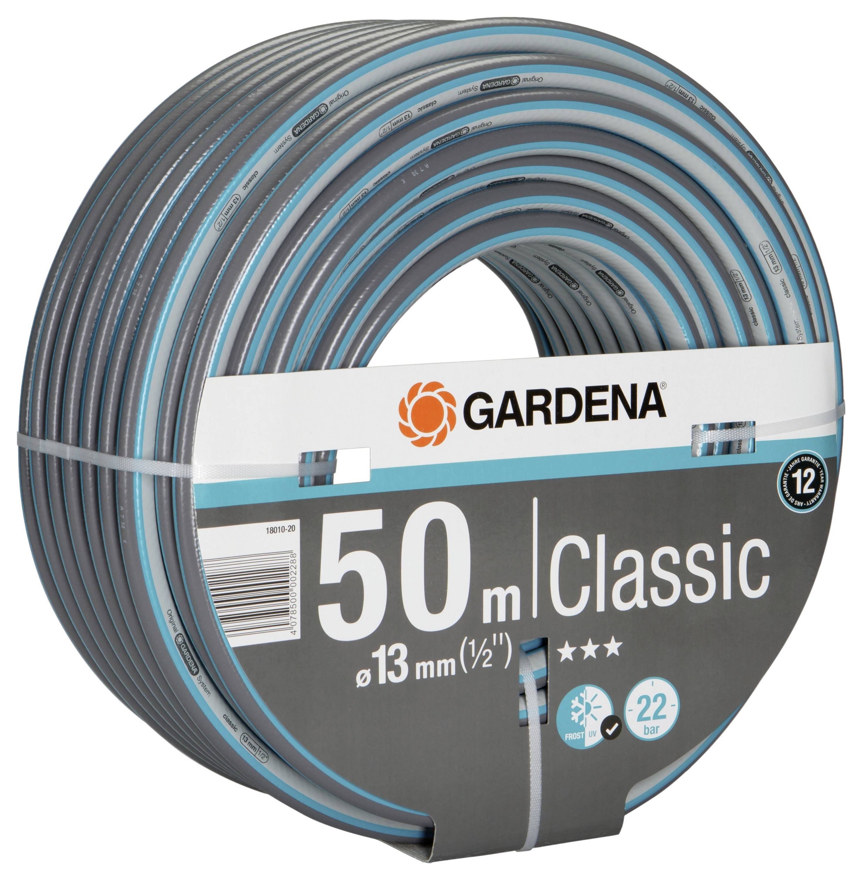Garten-Schlauch von Gardena, Modell 'Classic', 50 Meter lang, Durchmesser 13 mm, für Temperaturen bis -22 Grad, 12 Jahre Garantie.