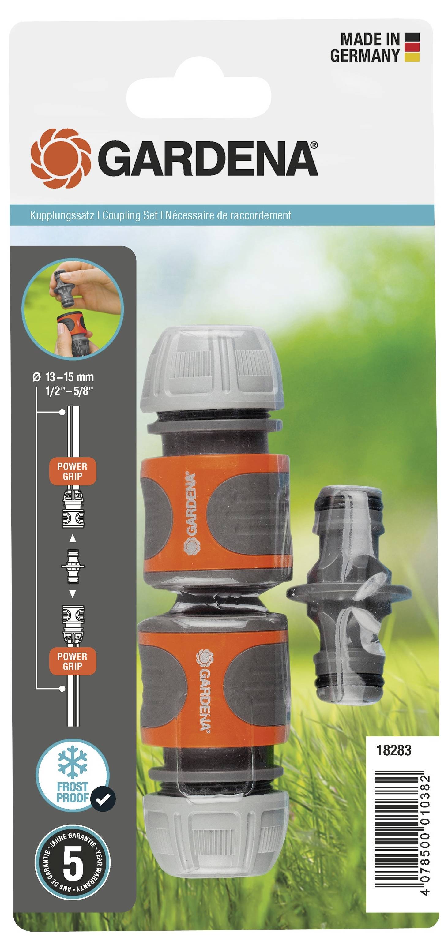 Verpackung eines Gardena Kupplungssets für 1/2